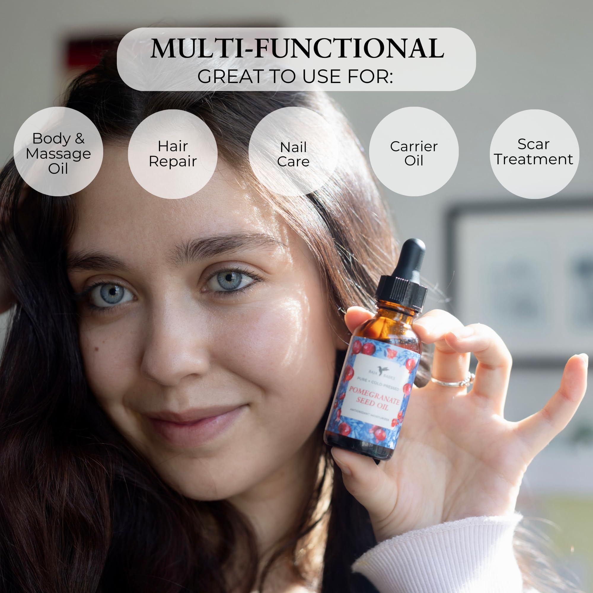 Baja Basics Pomegranate Seed Oil - Pure, Cold Pressed, Unrefined - Organic Body Oil - Antioxidant Serum for Face, Hair, Skin and Nails - Natural Moisturizer & Scar Treatment - 1 oz