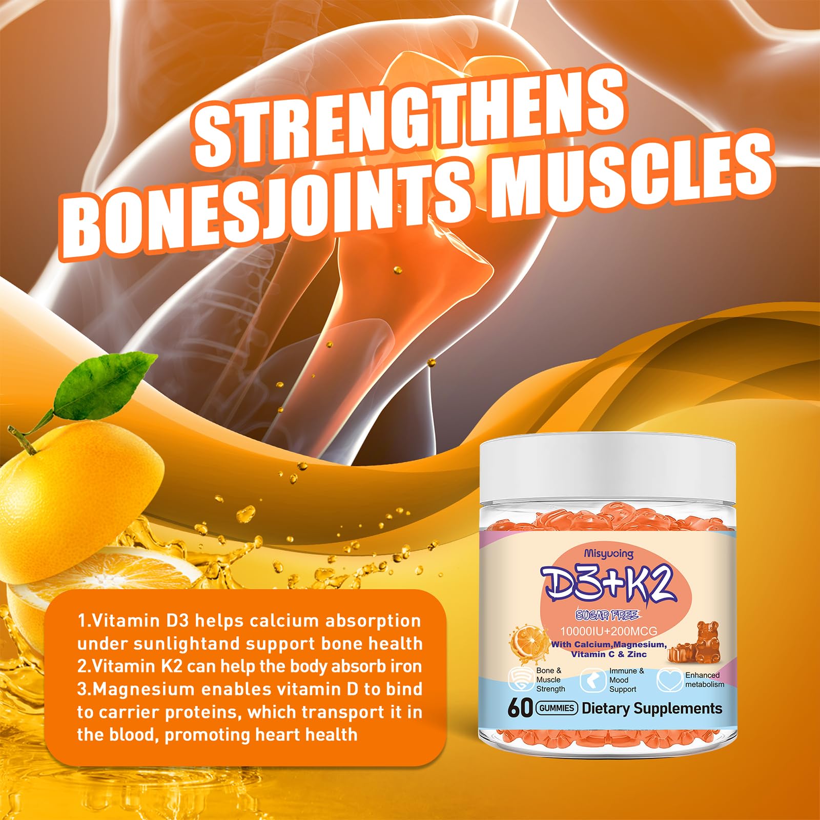 Misyvoing Vitamin D3 K2 Sugar-Free Gummies,Vitamin D3 10000 IU with K2 200mcg,VitaminC,Calcium,Magnesium,Zinc,Support for Bones,Joints,Muscles,Nerves,and Immune System