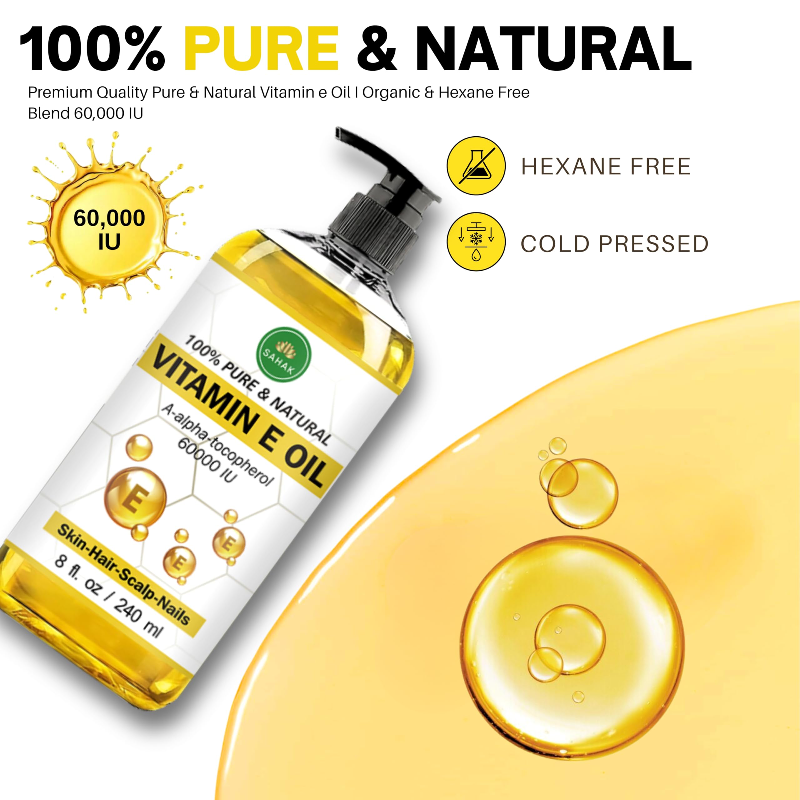 Vitamin E Oil | Premium Quality Pure & Natural Vitamin e Oil I Organic & Hexane Free Blend 60,000 IU Tocopherol I Repair Dry, Skin & Scars I for Hair Face & Full Body - 8 Fl Oz