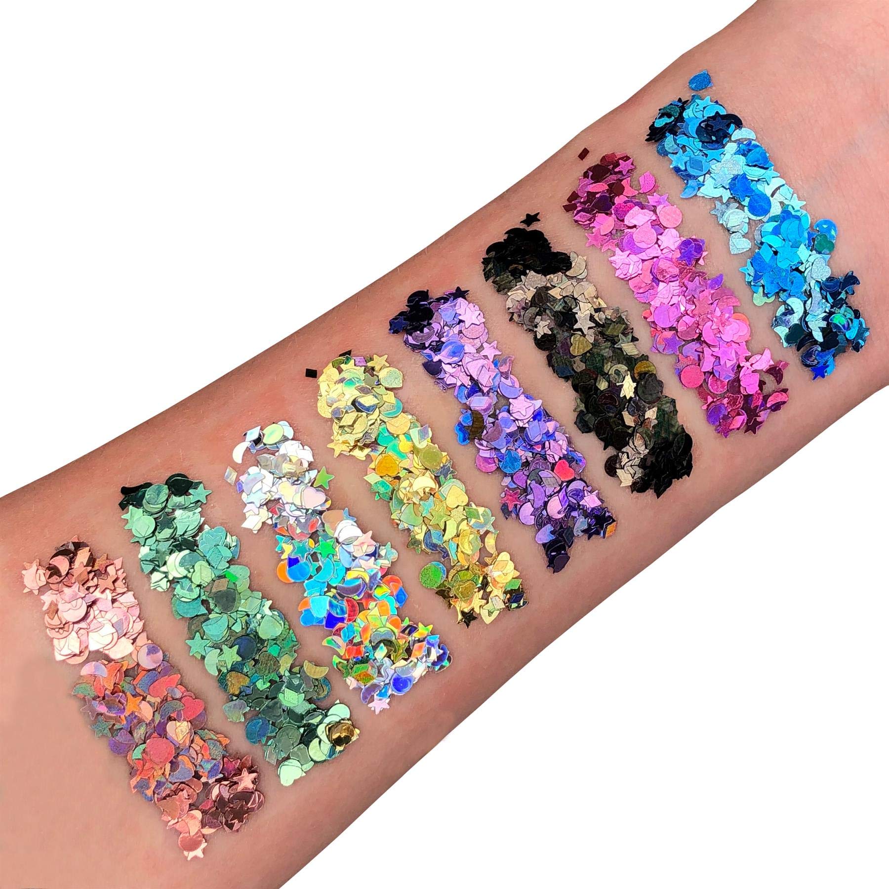Moon Glitter Holographic Glitter Shapes By 100% Cosmetic Glitter For Face, Body, Nails, Hair And Lips - 3G - Set Of 8 Colours