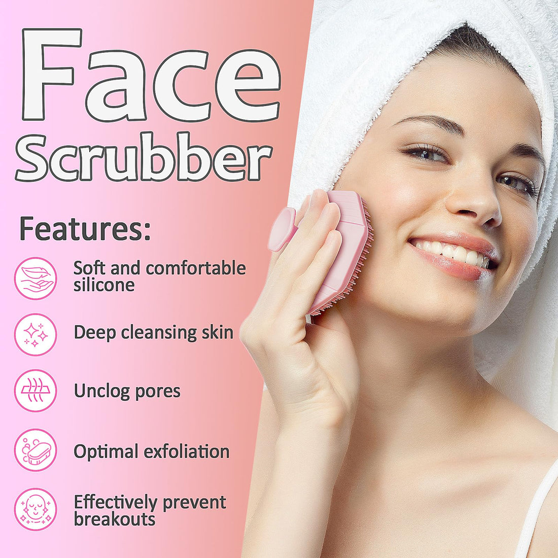 3 Soft Silicone Skin Scrubbers - Body Scrubber Exfoliating Brush Bath Shower Tool, with Gentle Manual Face Cleansing Wash Scrubber, with Hair Scalp Massager Shampoo Brush (Pink)