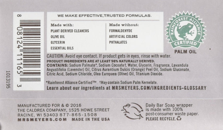 Mrs Meyers Bar Soap Hard 5.3oz Lavender Scent (12 Pack)