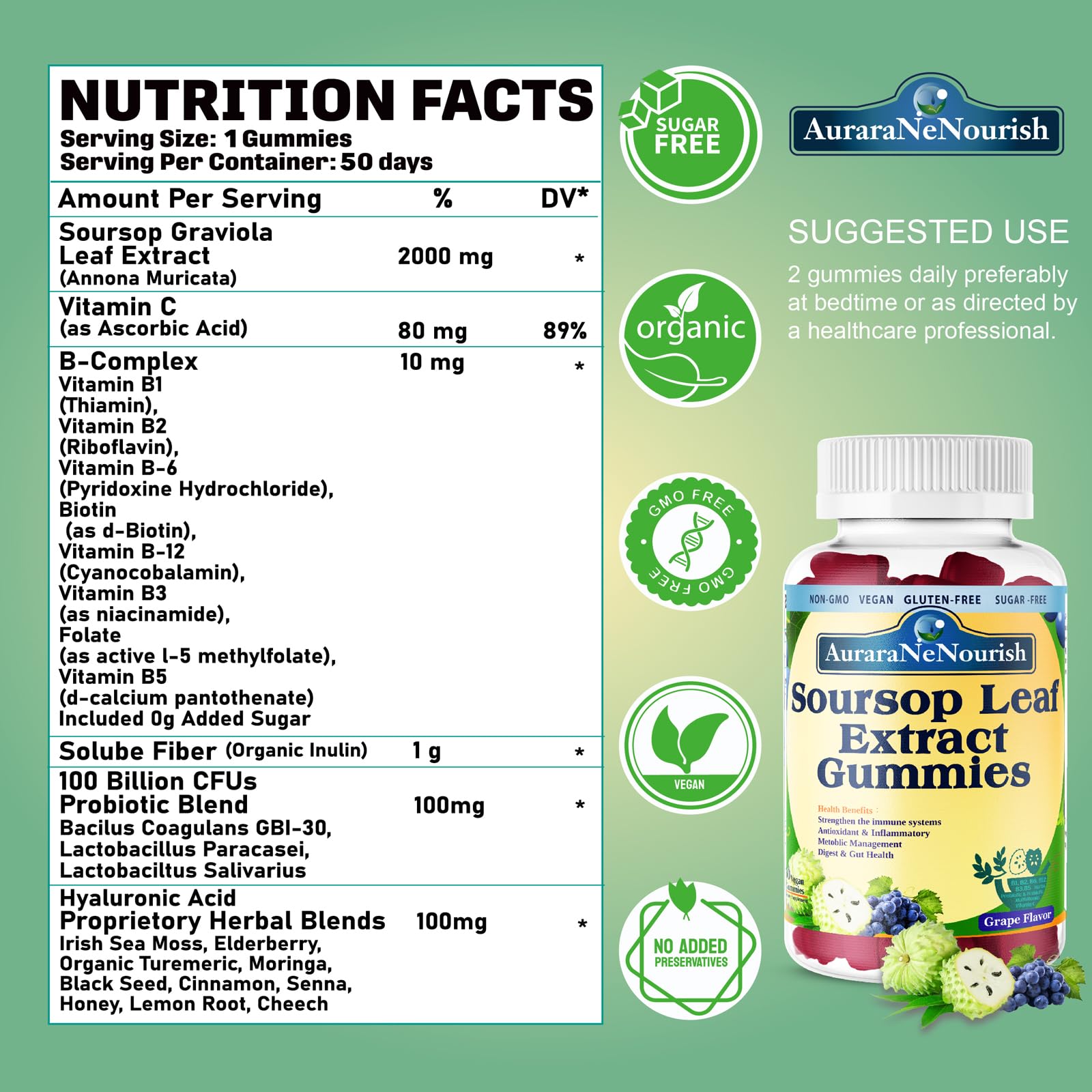 Sugar Free Soursop Gummies with Probiotics & Fiber 100 Billion CFUs, Organic Soursop Leave Extract with Vitamin C B-Complex for Digestive Gut Health, Energy Balance, Immune Boost