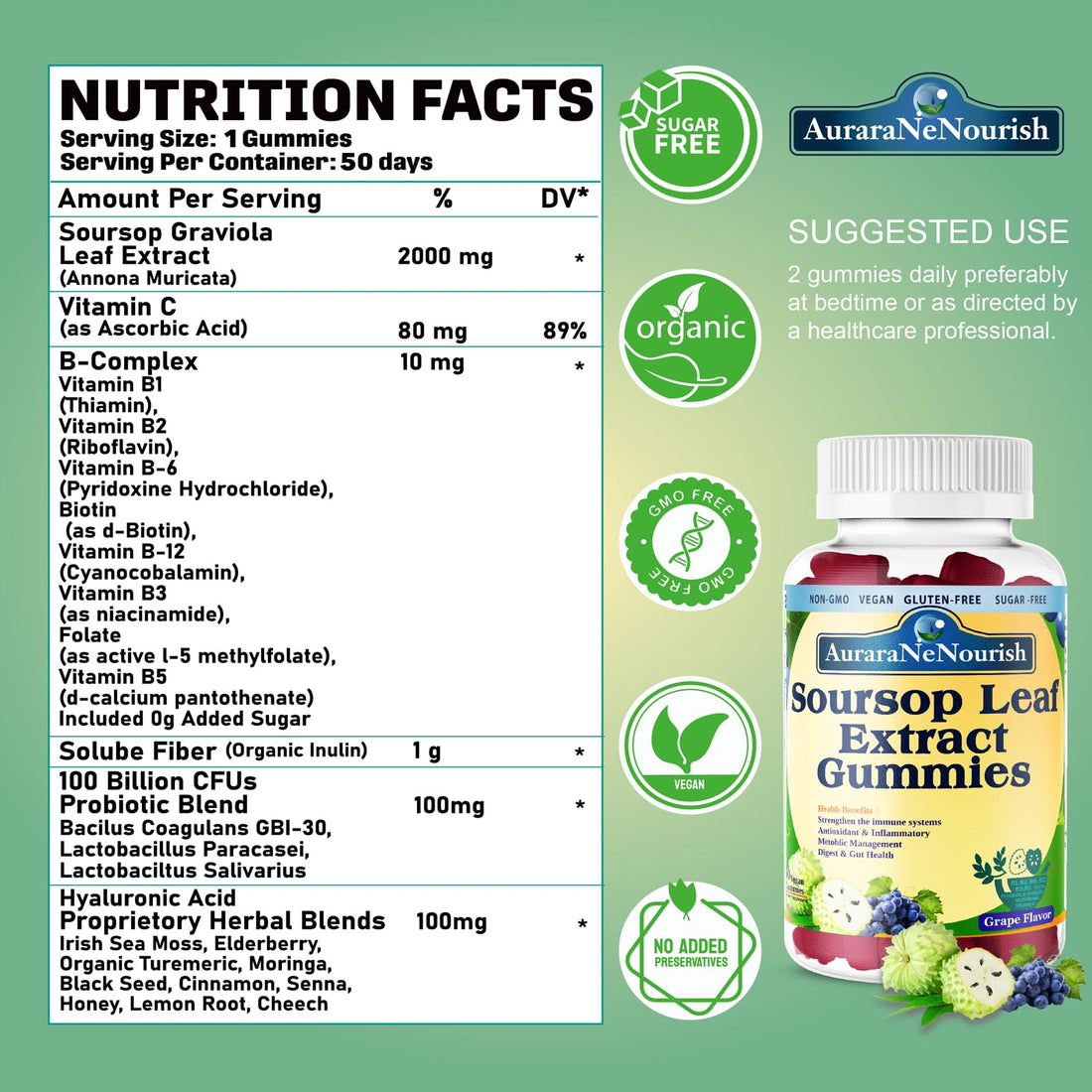 Sugar Free Soursop Gummies with Probiotics & Fiber 100 Billion CFUs, Organic Soursop Leave Extract with Vitamin C B-Complex for Digestive Gut Health, Energy Balance, Immune Boost