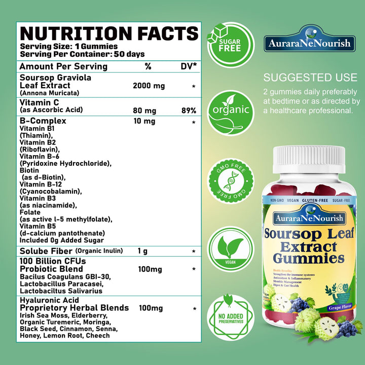 Sugar Free Soursop Gummies with Probiotics & Fiber 100 Billion CFUs, Organic Soursop Leave Extract with Vitamin C B-Complex for Digestive Gut Health, Energy Balance, Immune Boost