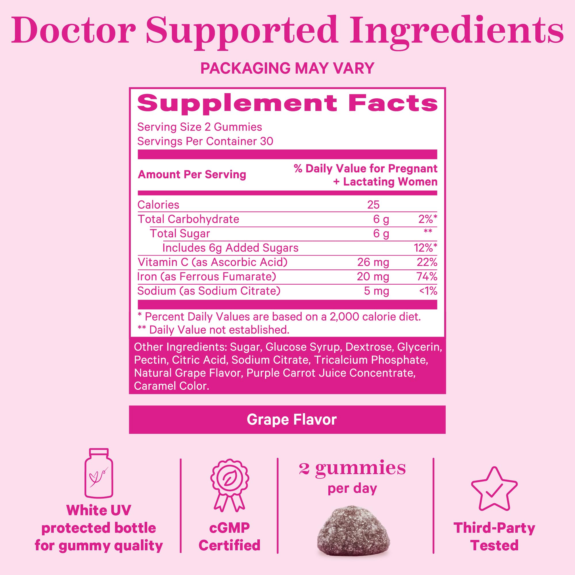 Pink Stork Prenatal Iron Supplement Gummies for Women - 20 mg with Vitamin C - Grape Chewable for Deficiency, Energy, & Blood Builder - 60 Gummy Chews