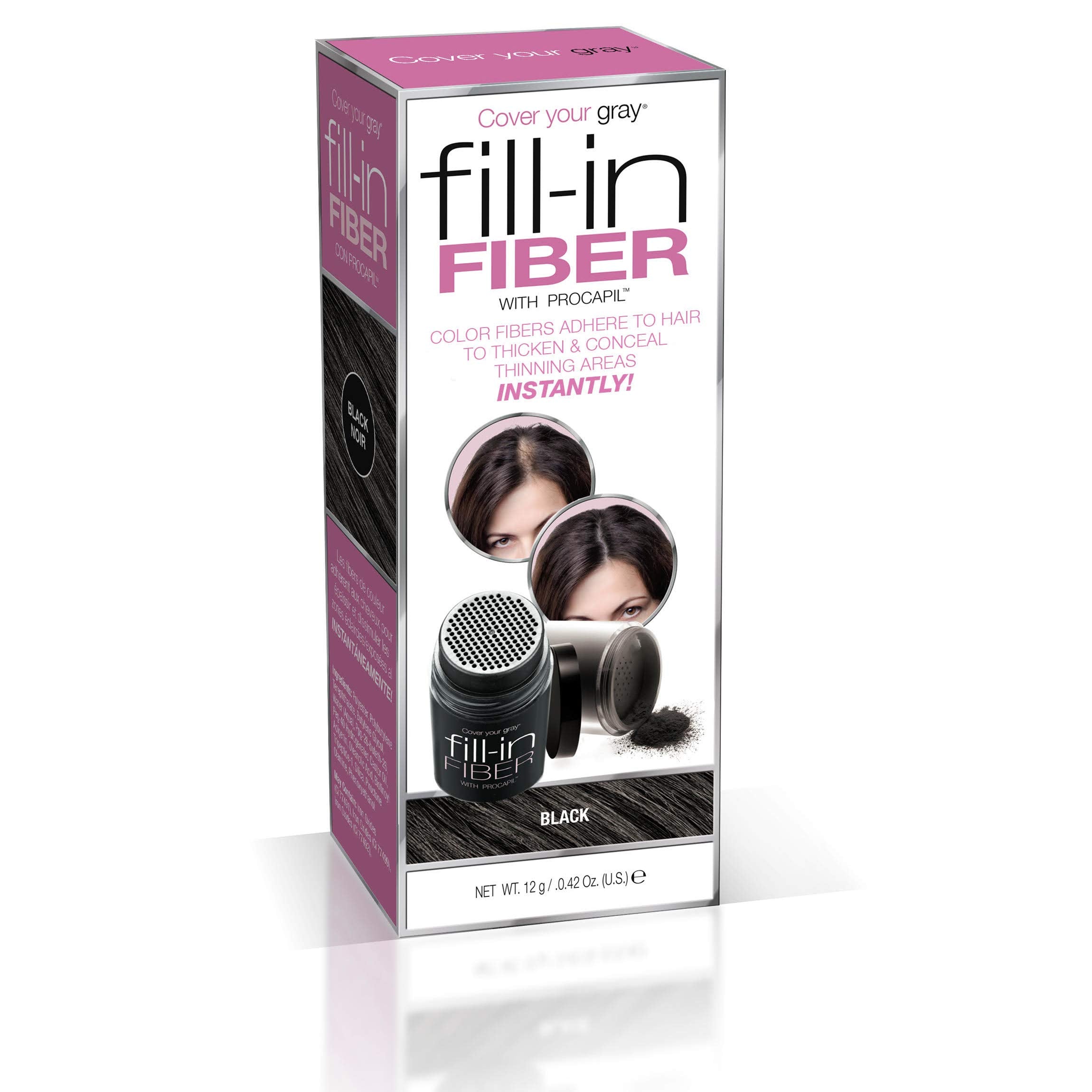 Cover Your Gray Pro Fill-In Fibers With Procapil - Black: Hair Fibers For Thinning Hair, Hair Powder For Bald Spots, Baldness Cover Up, Beard Filler, Hair Thickener, Hair Thickening