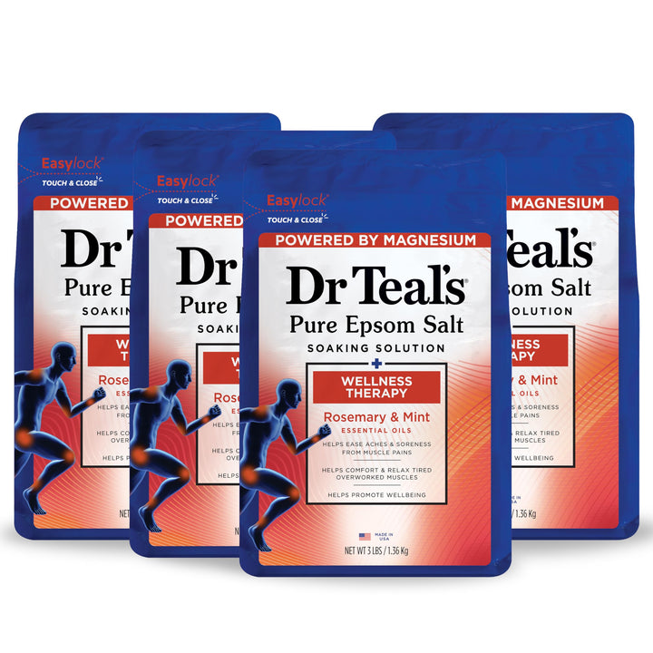 Dr Teal's Epsom Salt Magnesium Soak, Wellness Therapy with Rosemary & Mint, 3 lbs (Pack of 4)