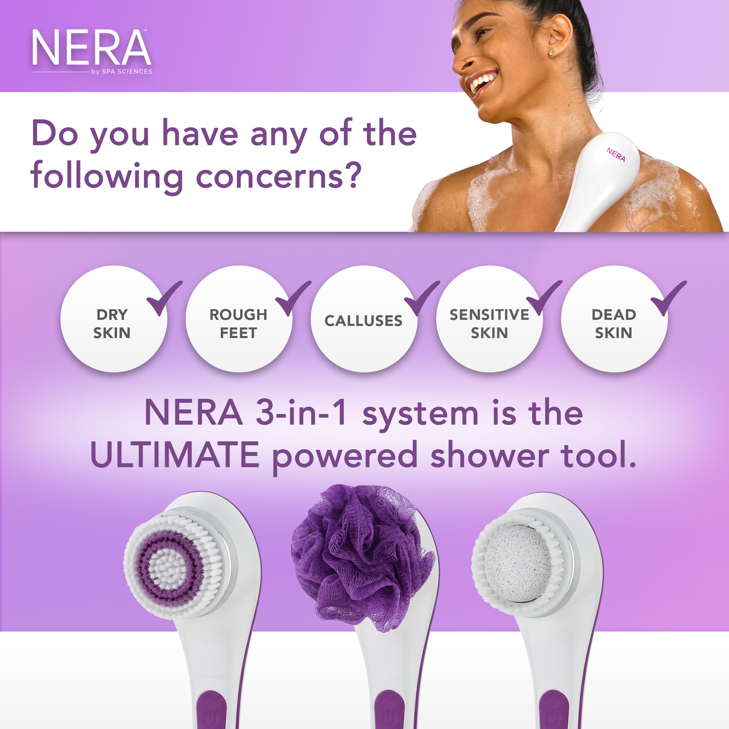 Spa Sciences - NERA Powered Shower Brush - 3-in-1 Multifunction Back & Body Brush - Exfoliation, Cleansing, Massaging - For All Skin Types - Includes Body Brush, Loofah, & Pumice Stone - USB Charging
