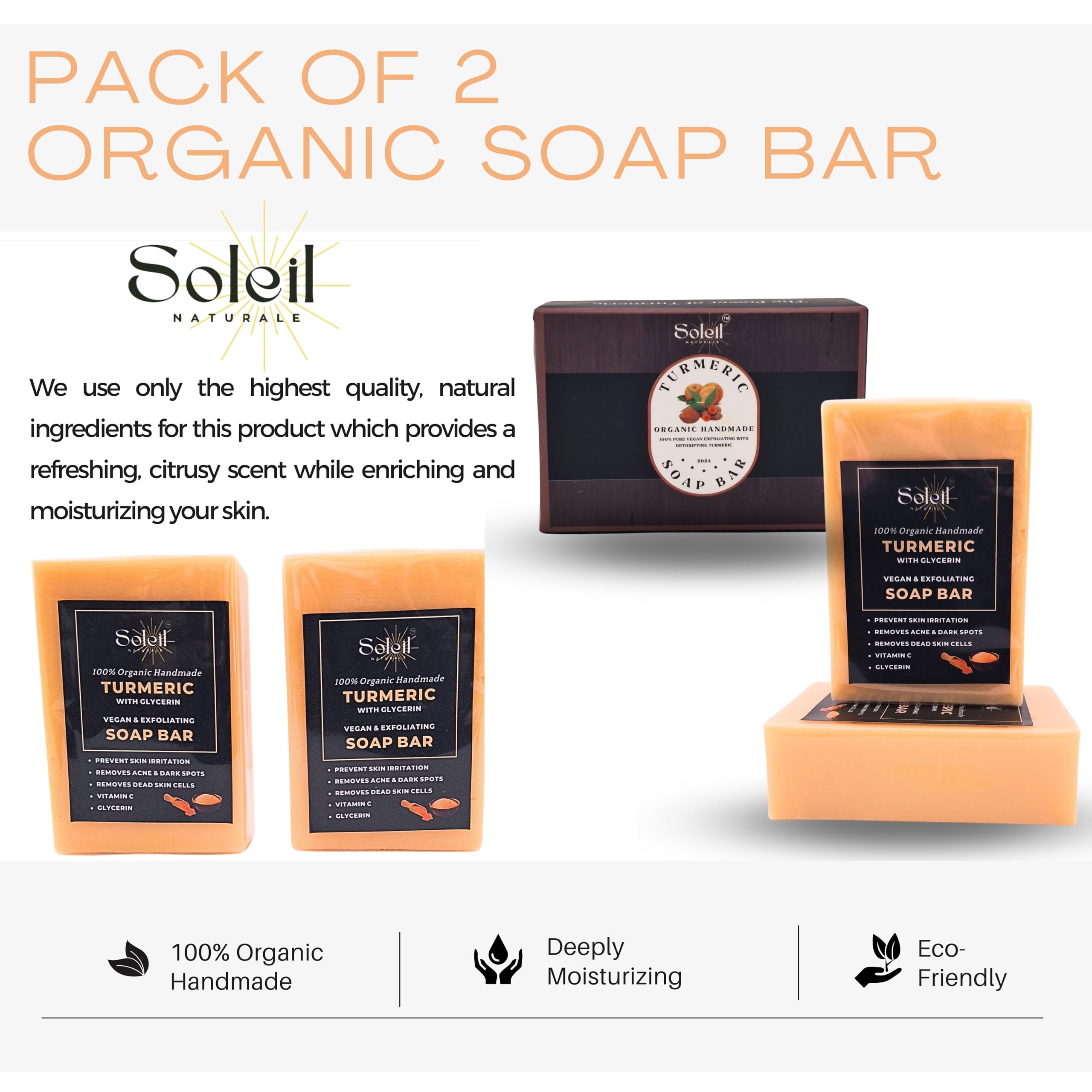 Pack of 2 - Organic Turmeric Face and Body Soap Bar, Vitamin C, Palm Oil, Olive Oil, Turmeric Oil, Turmeric Powder, with 1 Bamboo Wooden Soap Dish Tray - Birthday, Housewarming, Wedding Gift