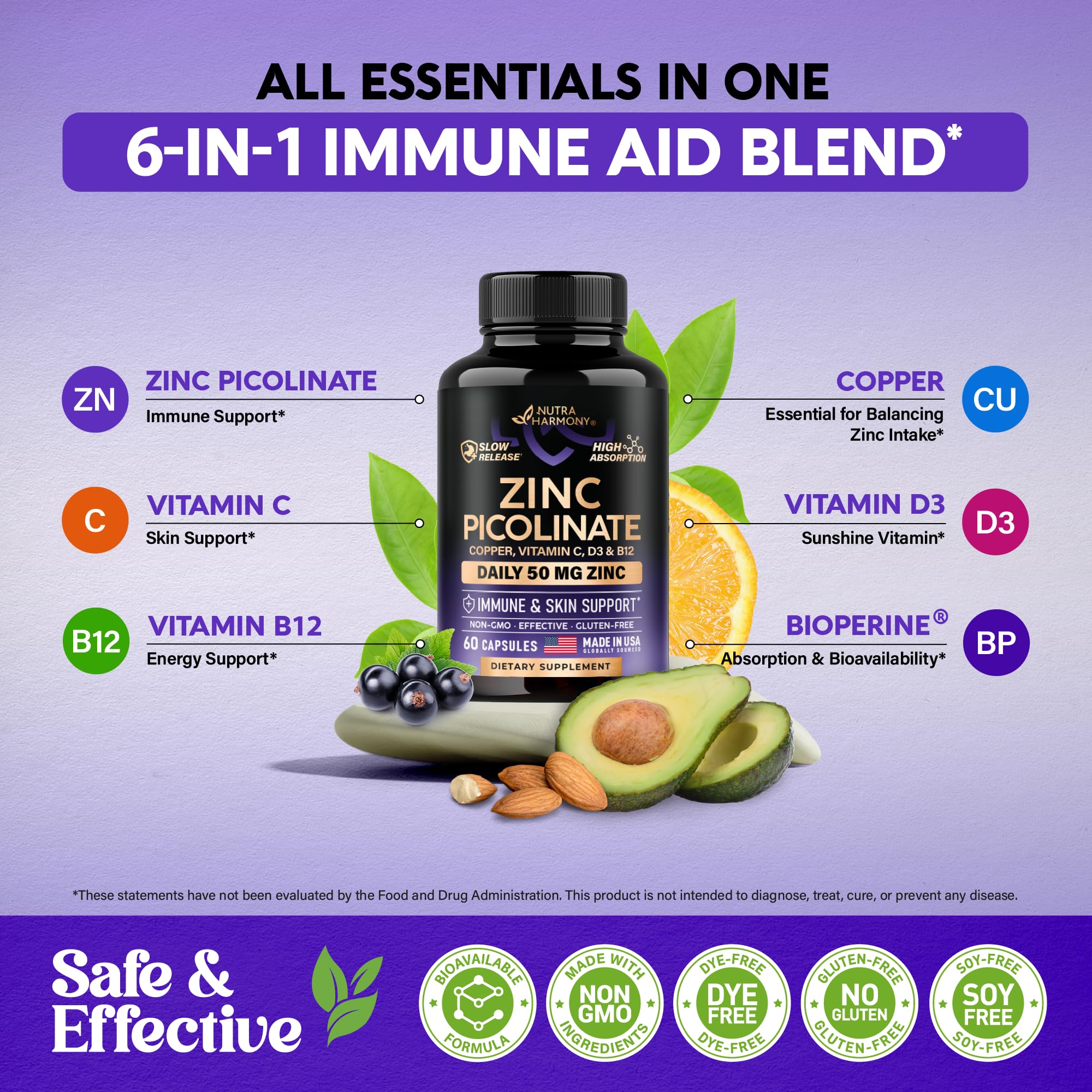 Zinc Picolinate 50mg - Zinc Supplement with Copper, Vitamin D3 & B12 - Stomach Friendly | Slow Release Zinc - Immune Support & Skin Health - High Absorption with BioPerine & Vitamin C - 60 Capsules