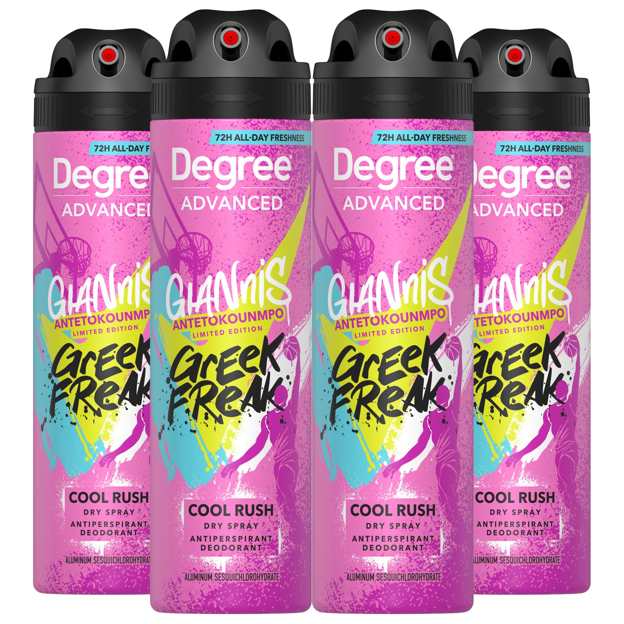 Degree Men’s Antiperspirant Deodorant Spray, Cool Rush, 4-Pack – Giannis Antetokounmpo “Greek Freak” Limited Edition, 72H Sweat & Odor Protection, 3.8 Oz Ea