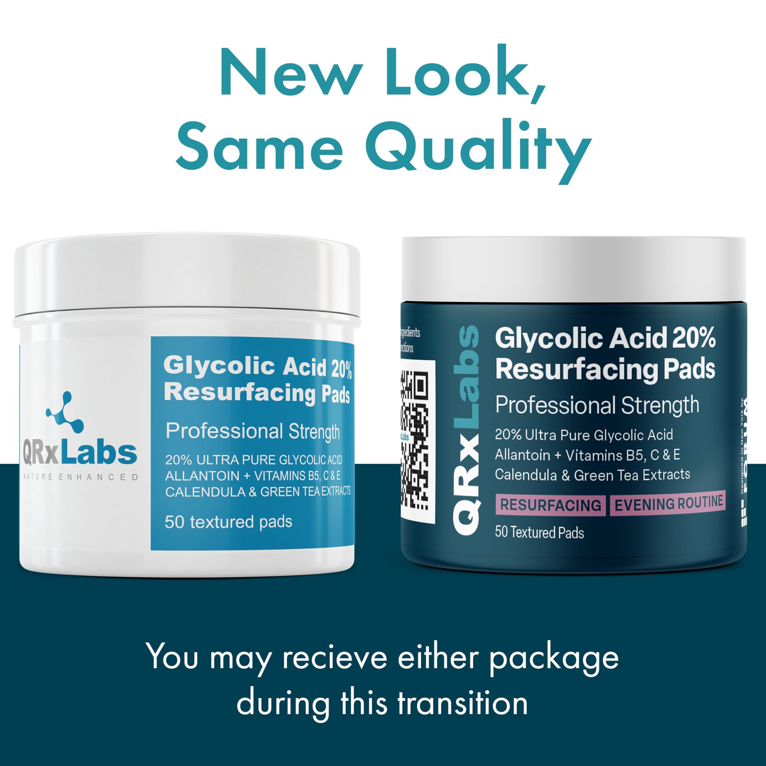 QRxLabs Glycolic Acid 20% Resurfacing Pads with Vitamins B5, C and E, Green Tea, Calendula, Allantoin