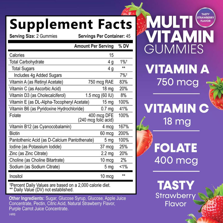 Multivitamin Gummies for Adults with 13 Vitamins and Minerals, Daily Gummy Vitamin for Women & Men, Immune Health Support Supplement with Vitamins A, C, D, E, B-6, B-12, Zinc, Berry - 90 Gummies
