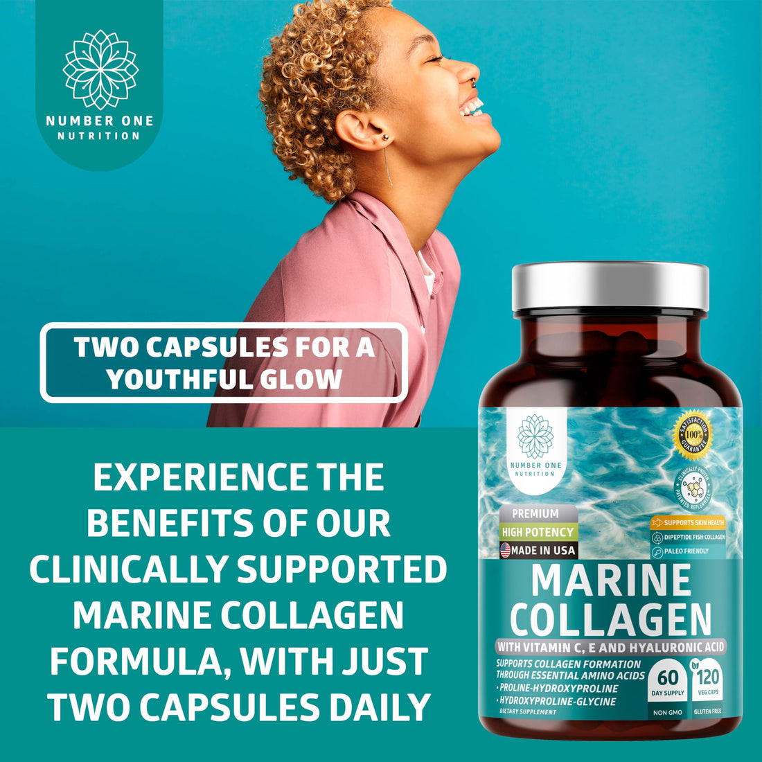 Premium Marine Collagen Dipeptides with Hyaluronic Acid, Vitamin C, Theaflavin and Copper, Collagen Supplement for Women and Men for Radiant Skin, Hair & Nails, Gluten Free and Non-GMO, 120 Veg Caps