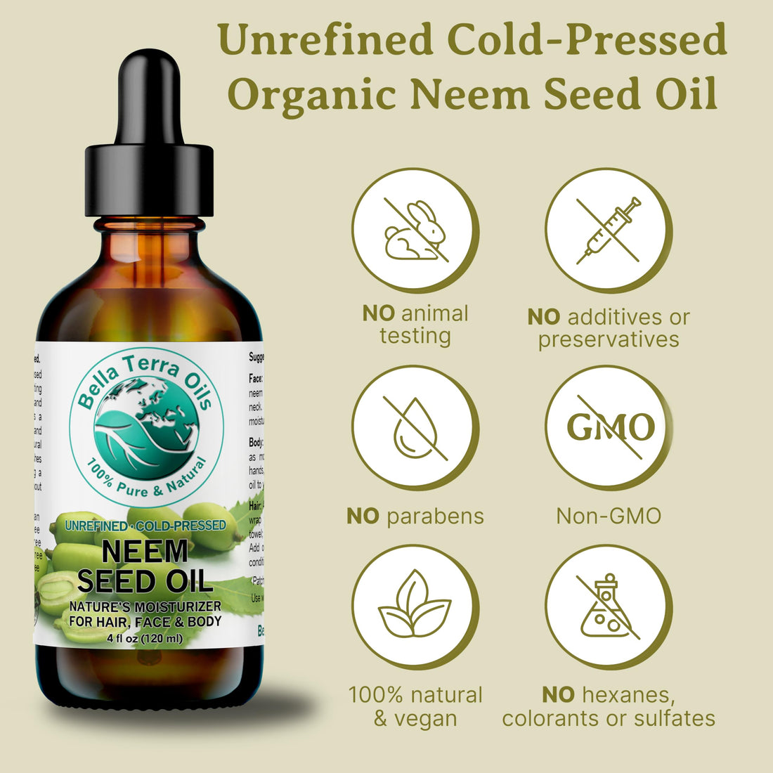 Neem Oil 16 oz 100% Pure Cold-pressed Unrefined Organic - Bella Terra Oils