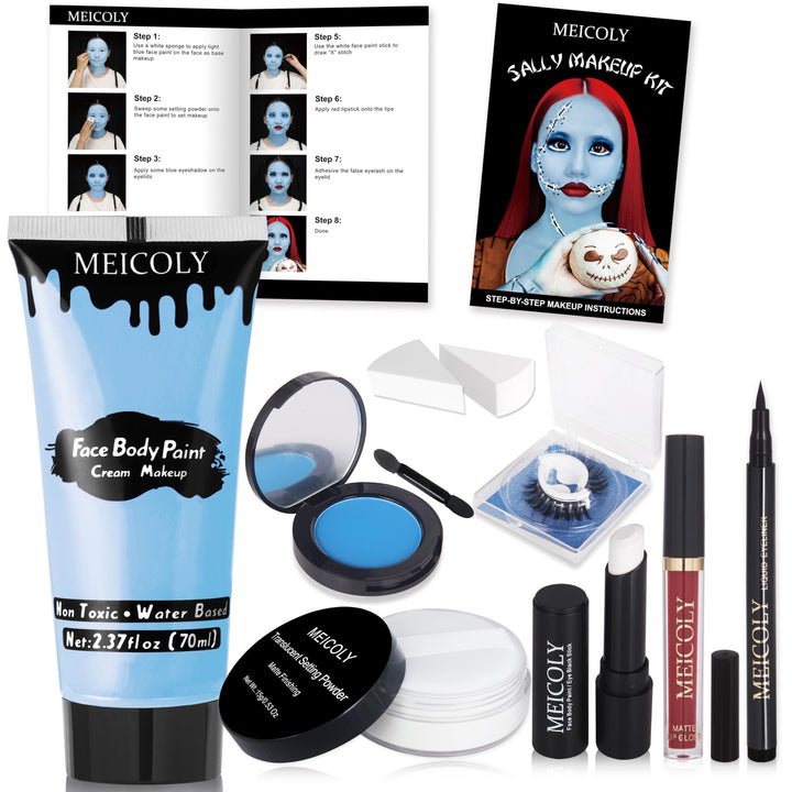 MEICOLY Sally Makeup Kit,Complete Sally Corpse Bride Makeup Set for Halloween SFX Stage Theater,Blue Face Body Paint Cosplay ,Setting Powder for Face Paint,Single Blue Eyeshadow,White Eye Black