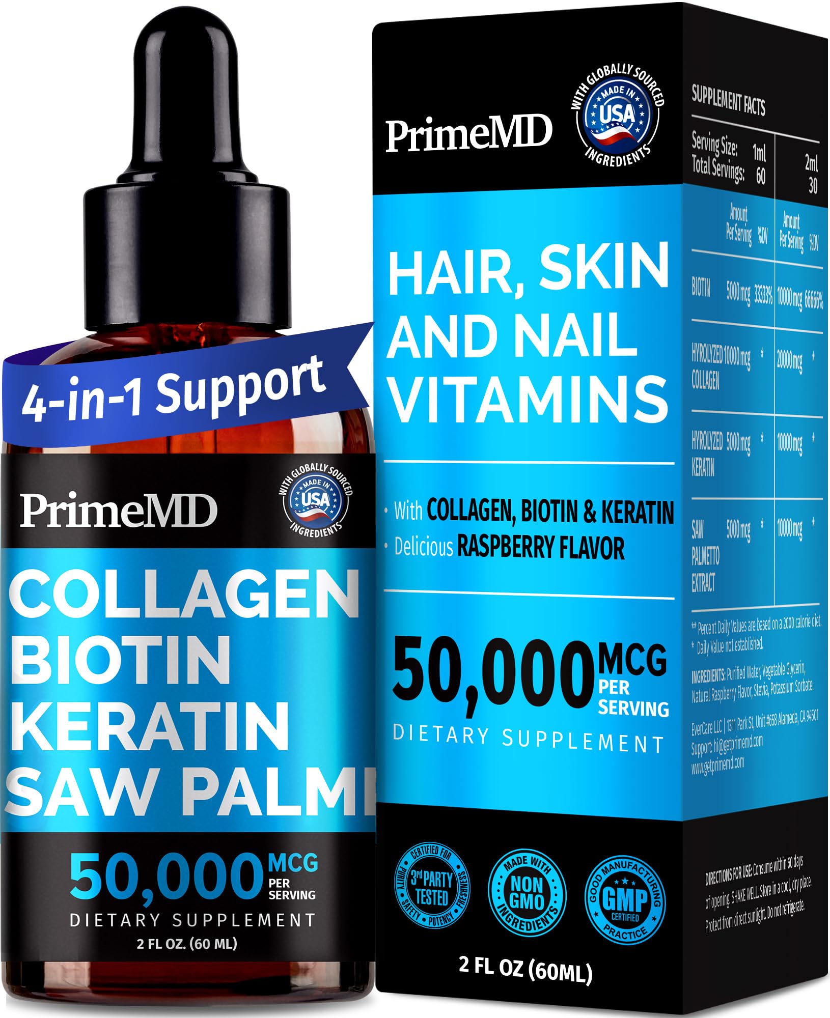 Liquid Collagen Peptides for Women - Serum Complex with Biotin Vitamin, Hydrolyzed Keratin Protein and Saw Palmetto - Comprehensive Formula for Hair, Skin, and Nails Wellness - 2fl oz (Pack of 1)