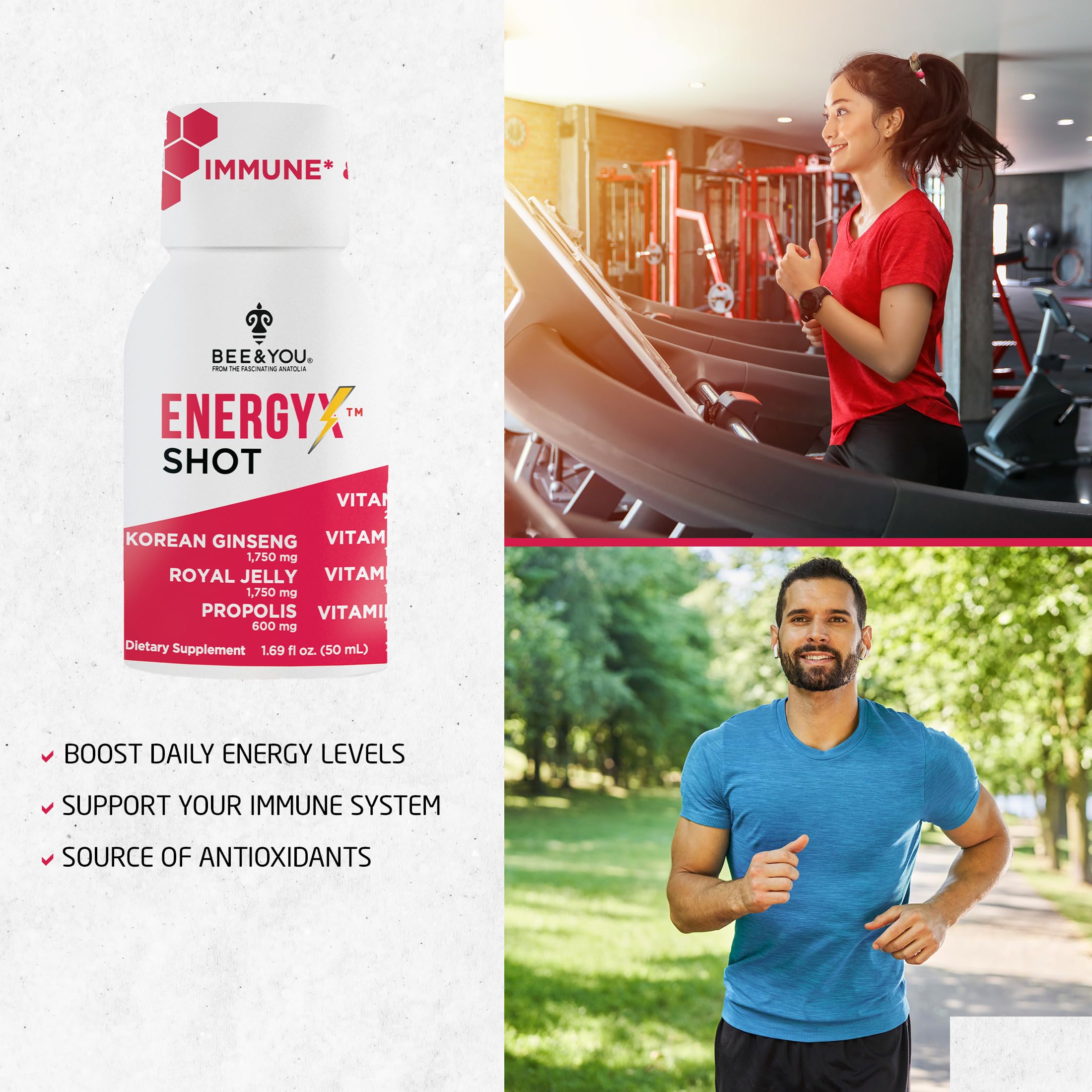Bee and You Energy X Shot, 12 Pack, Korean Red Ginseng, Royal Jelly, Propolis, Caffeine Free Energy Drink, Vitamin C, B3, B6, B12, Immune Support Supplement, Antioxidants, Pomegranate Flavor