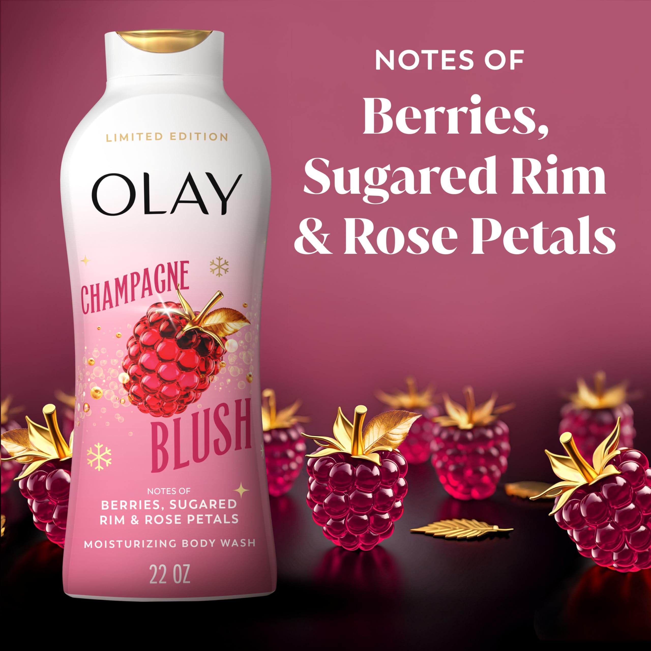 Olay Body Wash for Women, Hydrating & Moisturizing, Holiday Edition, With Plant Based Cleansers, B3 Complex, For All Skin Types, Champagne Blush with Berries Sugared Rim & Rose Petals Scent, 22 fl oz