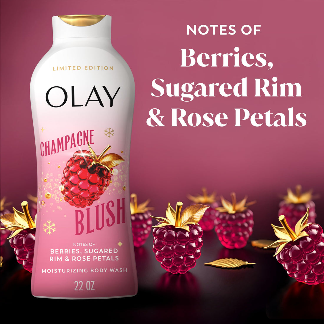 Olay Body Wash for Women, Hydrating & Moisturizing, Holiday Edition, With Plant Based Cleansers, B3 Complex, For All Skin Types, Champagne Blush with Berries Sugared Rim & Rose Petals Scent, 22 fl oz
