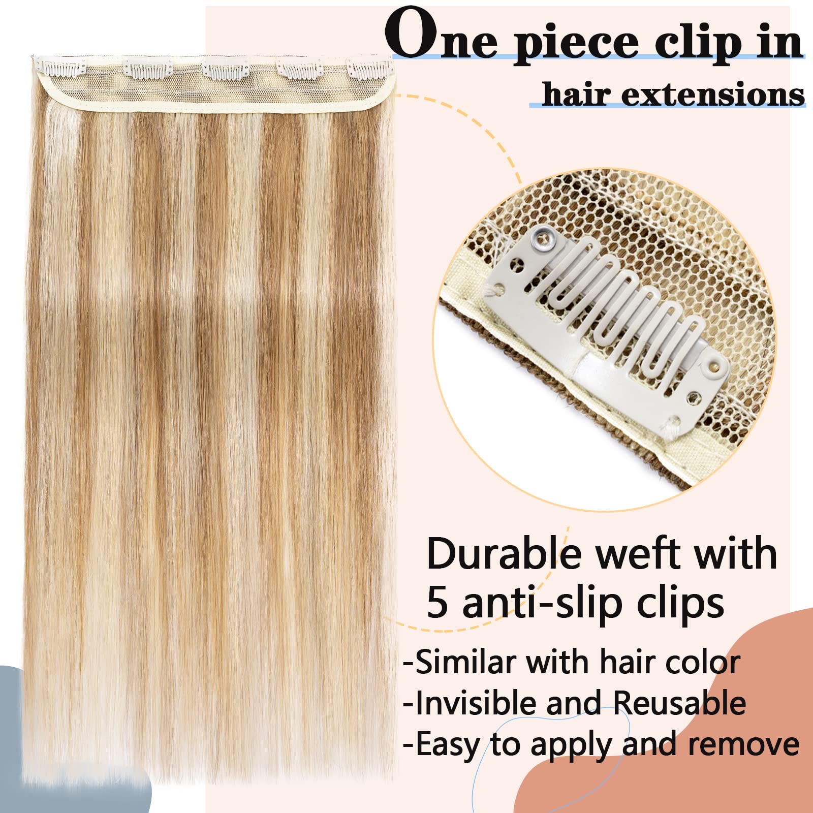 Clip in hair extensions human hair one piece human hair extensions 5 clips 100% Remy Human Hair Straight Light Golden Brown/Bleach Blonde 18(45cm) - 50g