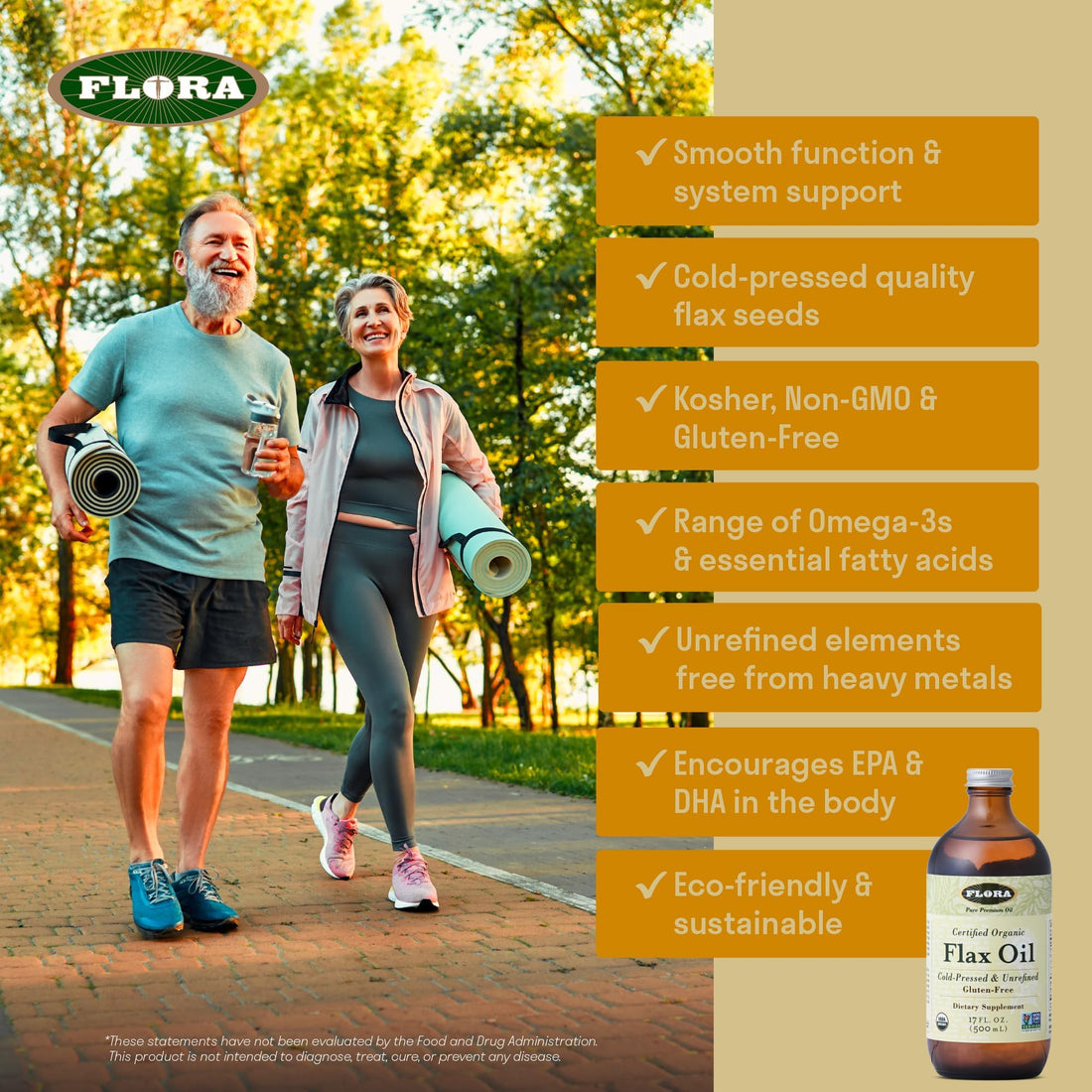 Flora Certified Organic Flax Seed Oil - Cold Pressed & Unrefined - Non-GMO, Gluten-Free, Kosher Omega Flax Oil Blend - Essential Fatty Acids for Wellness - Amber Glass Bottle - 17 oz