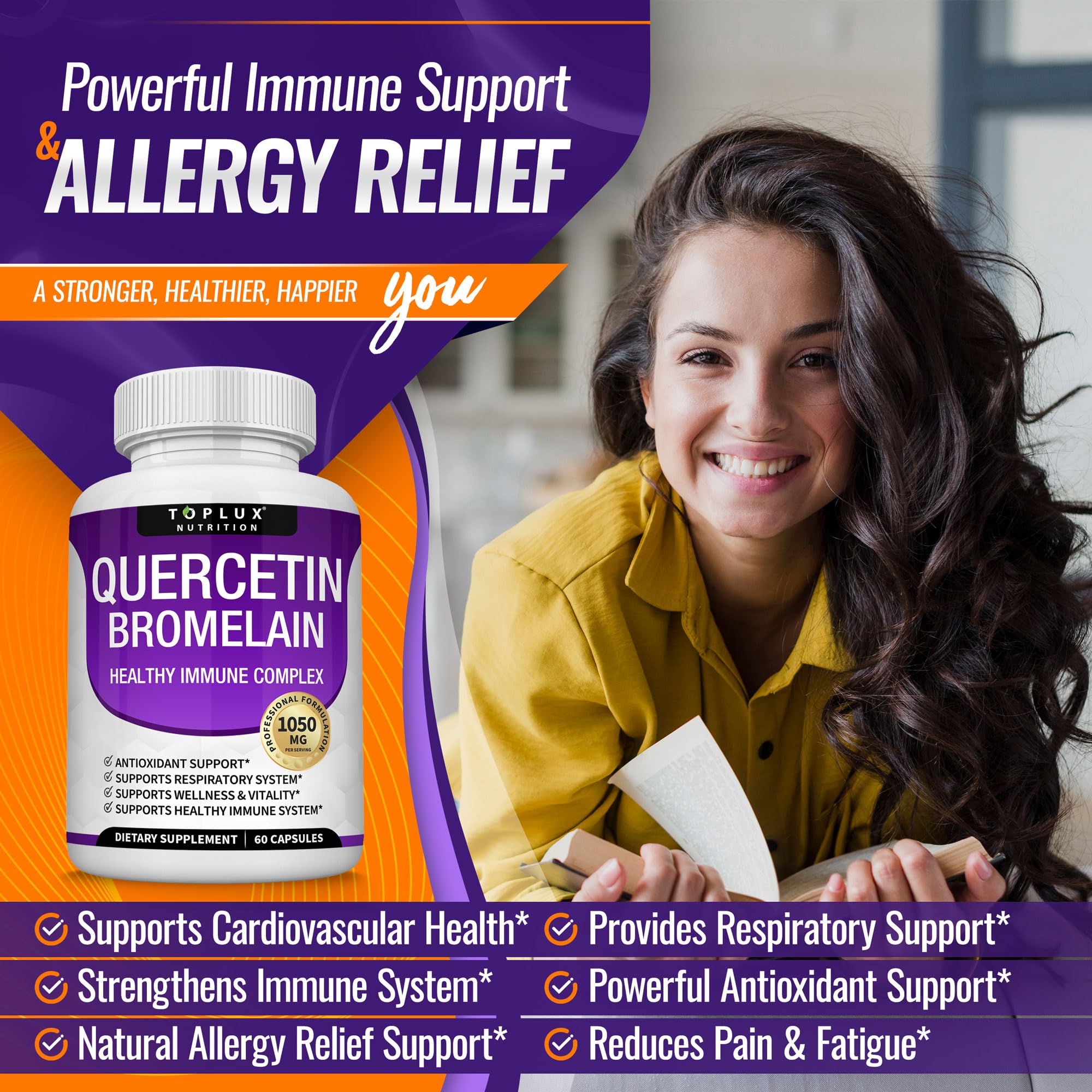 Toplux Quercetin with Bromelain and Zinc 1050mg - Advanced Immune Support Supplement, Supports Antioxidant, Immune System, for Men Women, 60 Capsules