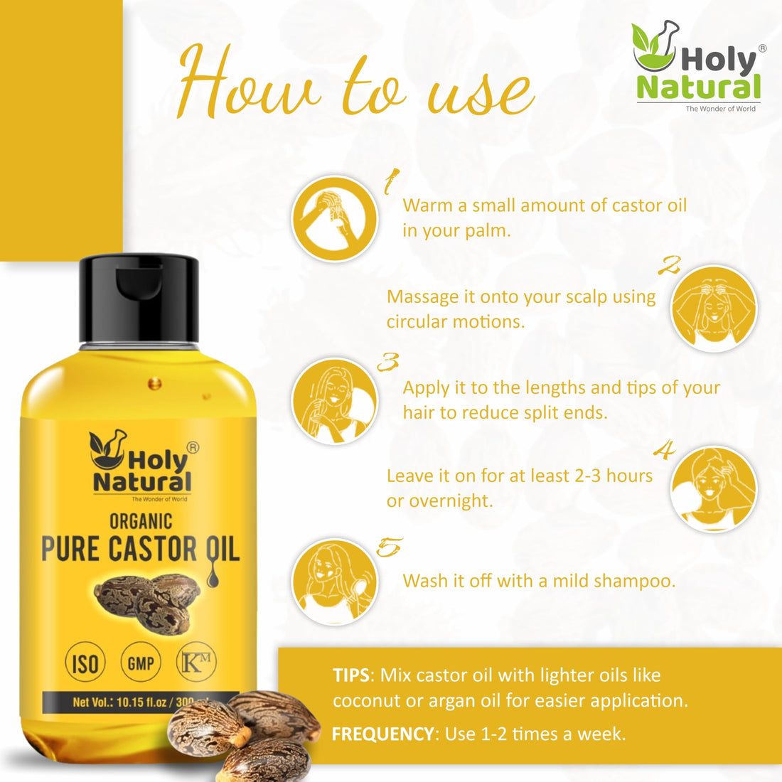 Organic Pure Castor Oil (10.15 floz/300 ml) USDA Certified Cold-Pressed, 100% Pure, No GMO, No Heat treatment, Hexane Free Moisturizing & Healing, For Dry Skin,Hair Growth, Massage, Lash Growth