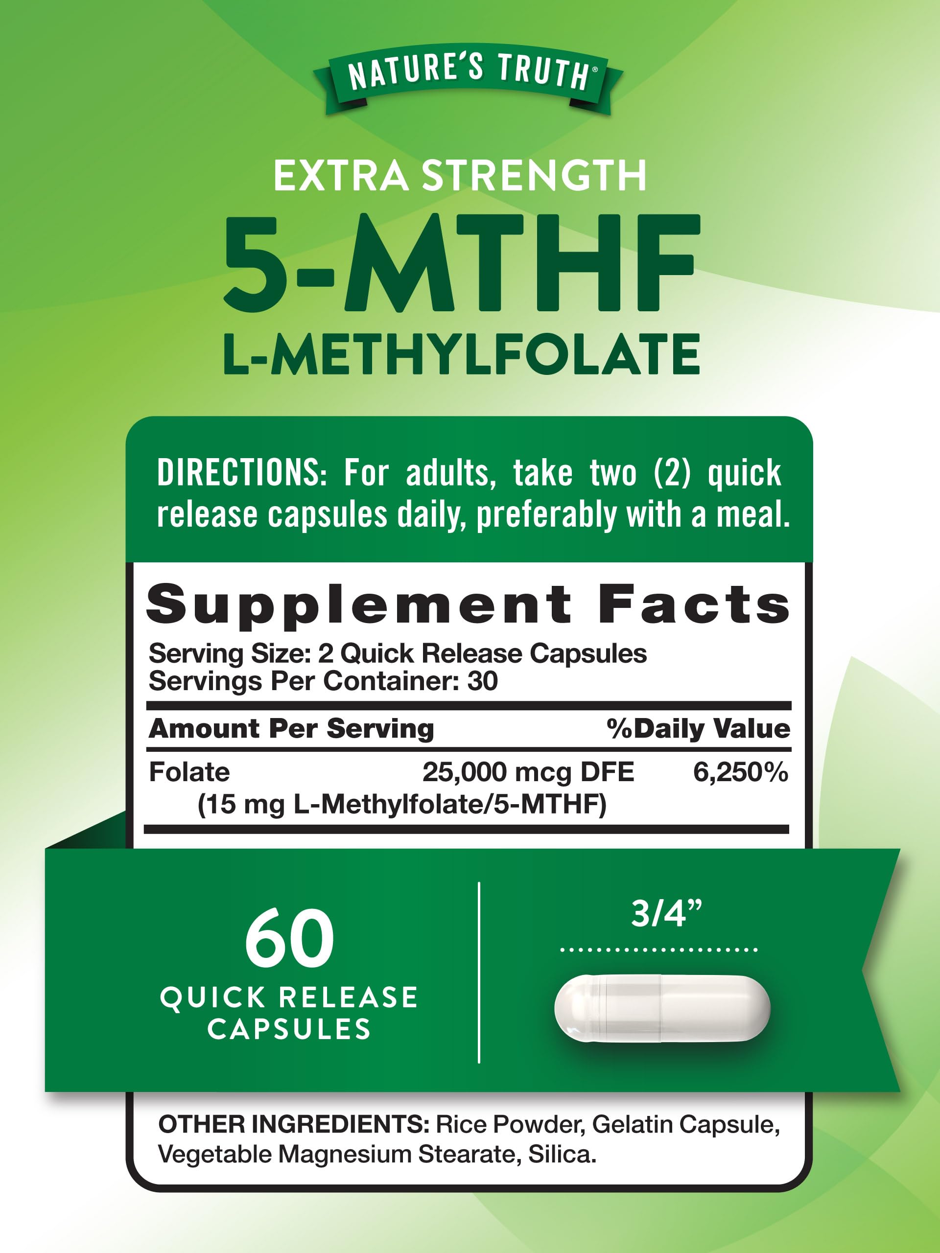 Nature's Truth L Methylfolate 15mg | 60 Capsules | Non-GMO & Gluten Free Supplement | Extra Strength