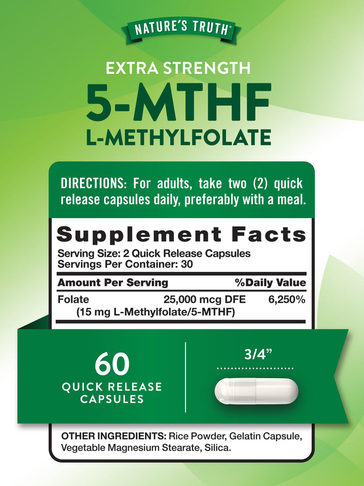 Nature's Truth L Methylfolate 15mg | 60 Capsules | Non-GMO & Gluten Free Supplement | Extra Strength