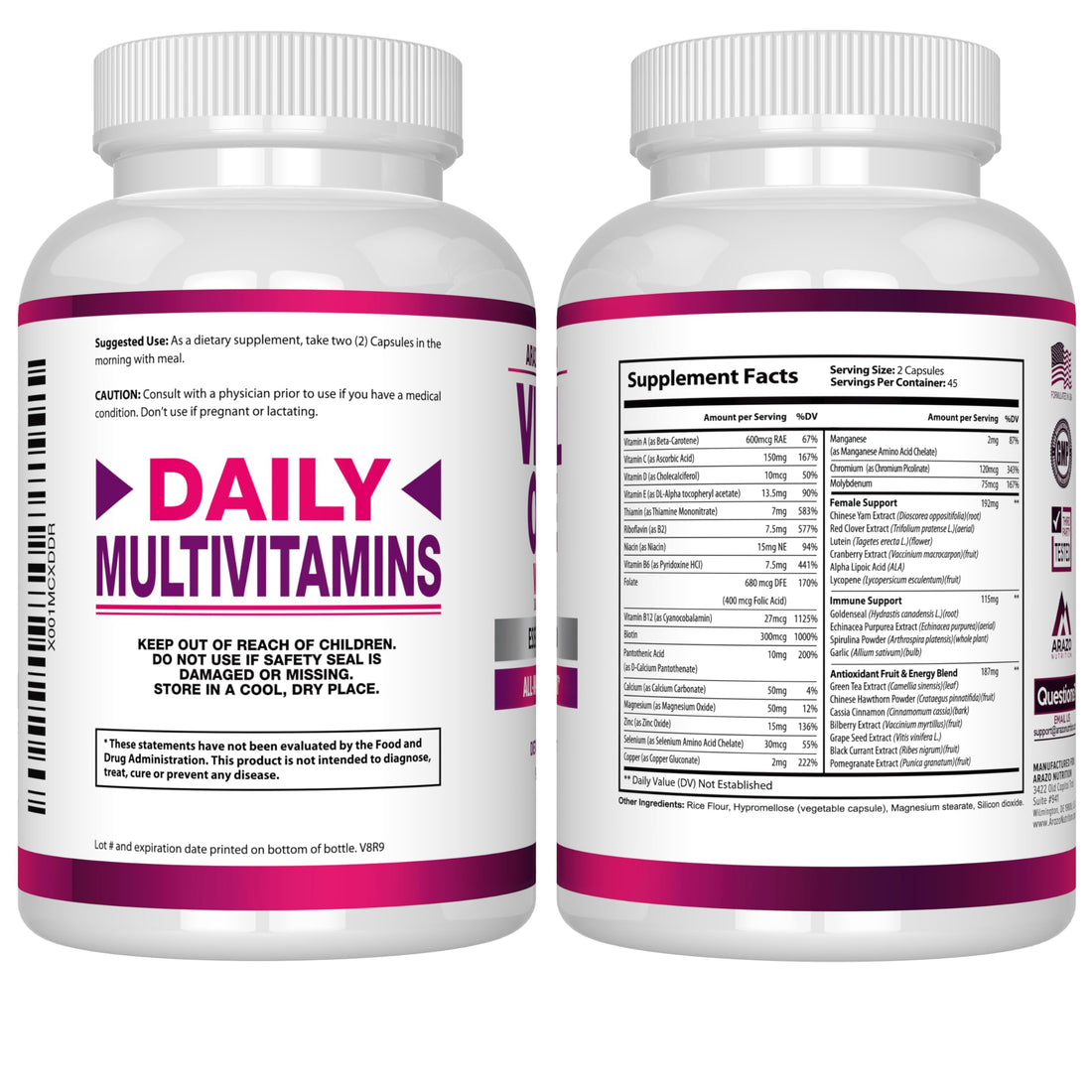Arazo Nutrition Vital One Multivitamin for Women - Daily Wholefood Supplement - 90 Vegan Capsules