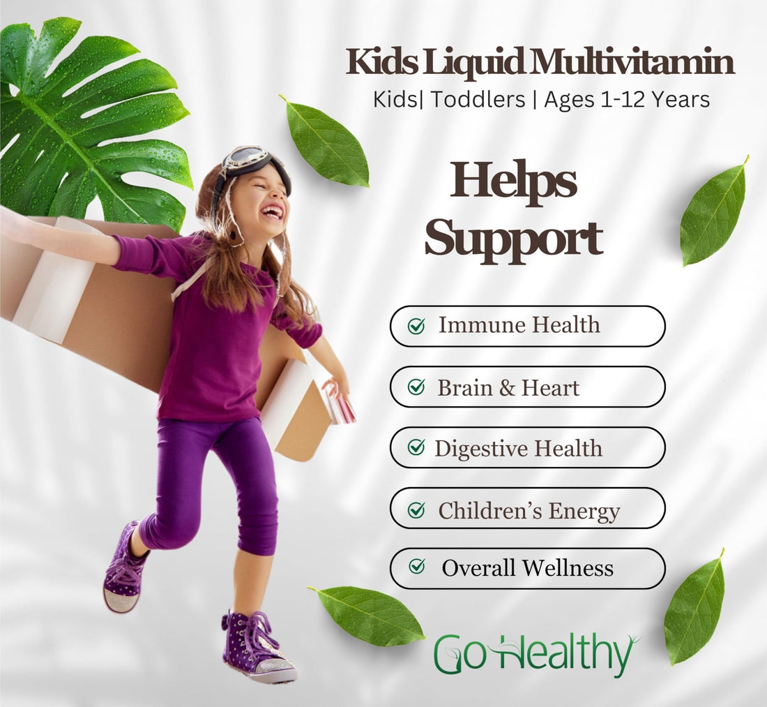 Go Healthy Kids Liquid Multivitamin - Vegan Vitamin Supplement Supports Children's Growth, Development & Immune Function, Ages 1 & Up, Delicious Fruit Flavor - 32 Servings
