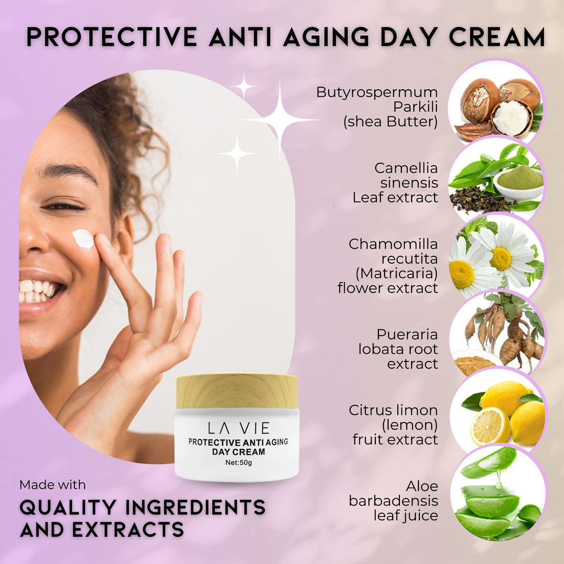 La Vie Protective Anti-Aging Face Cream – Day Cream with Hyaluronic Acid, Shea Butter & Vitamins – Firming Face Cream with SPF & Aloe Vera – 1.7Fl Oz