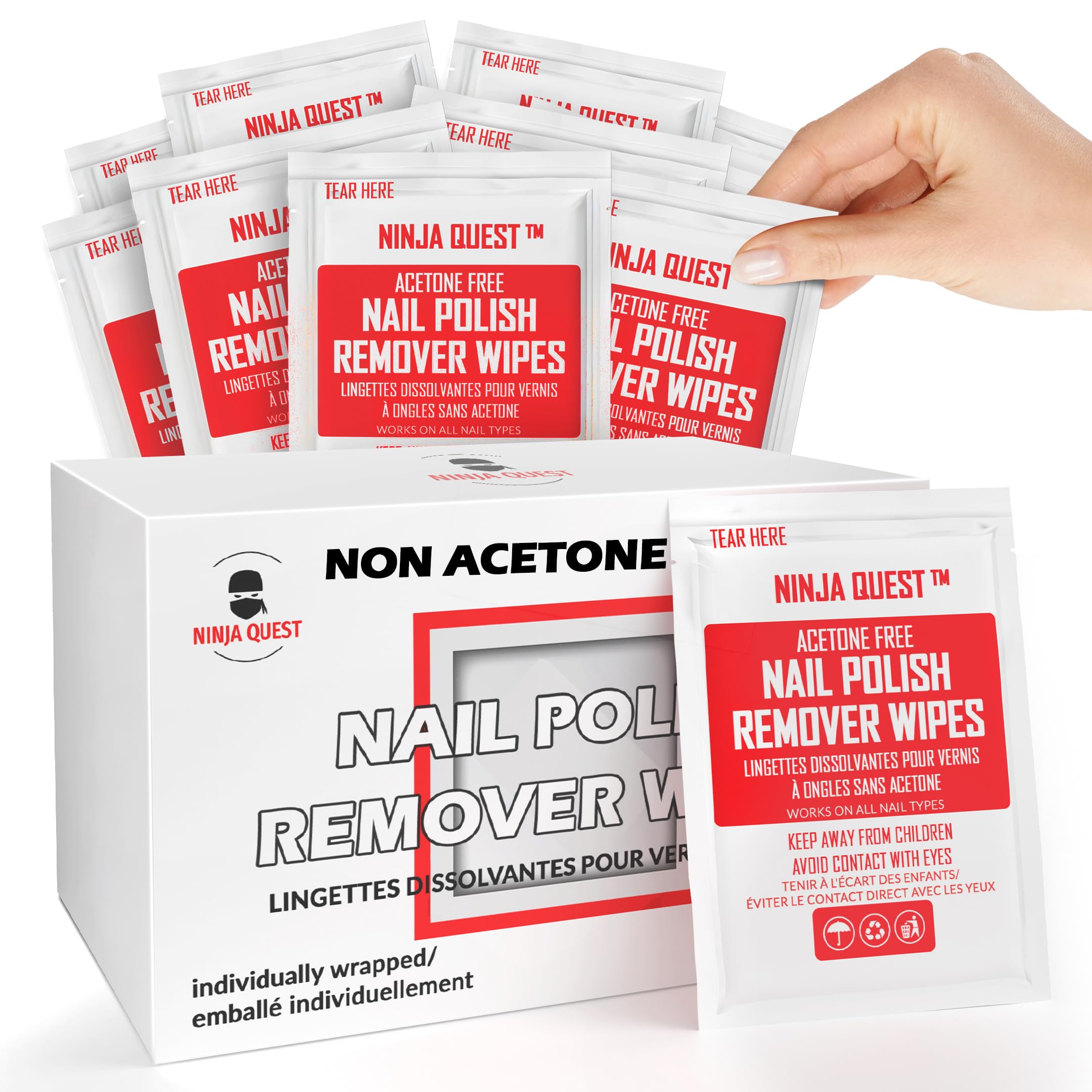 Nail Polish Remover Pads - 100% Non-Acetone - 50 Pack Bulk Set - Individually Wrapped - Quick Nail Polish Remover Wipes - Fingernail Travel Kit to Clear Nail Polish for Home & Professional Removal