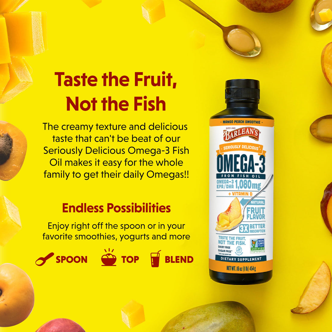 Barlean's Mango Peach Omega 3 Fish Oil Liquid Supplement with Vitamin D, 1080mg EPA & DHA Fatty Acid, Smoothie Flavored & Burpless for Brain, Joint, & Heart Health, 16 oz