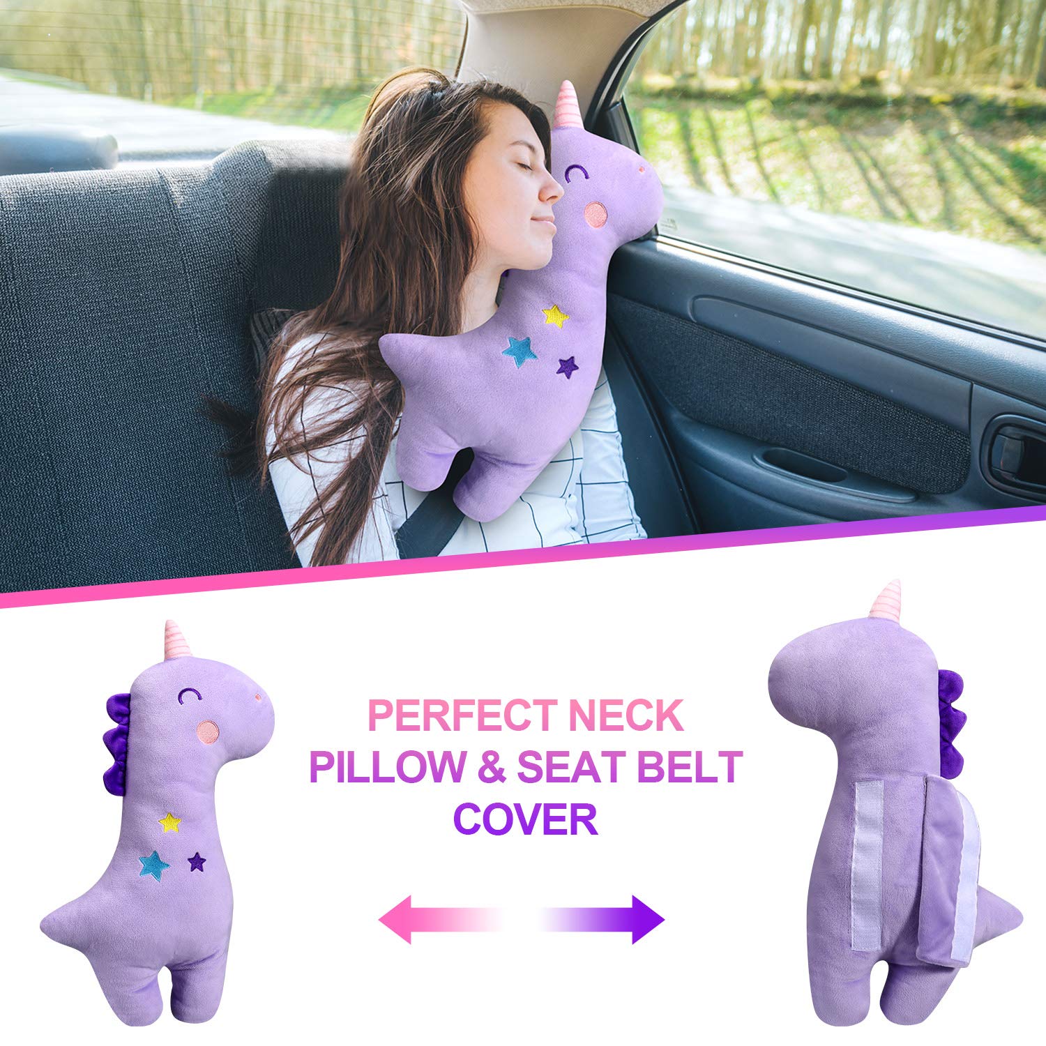 Farochy Unicorn Seat Belt Pillow Kids Cover, Vehicle Shoulder Pads, Car Seatbelt Cushion for Kids, Strap Pillows Animal Travel (Purple)