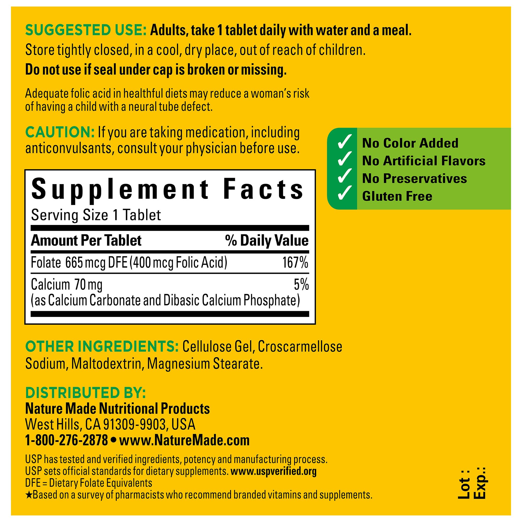 Nature Made Folic Acid 400 mcg (665 mcg DFE), Dietary Supplement for Nervous System Function, 250 Tablets, 250 Day Supply