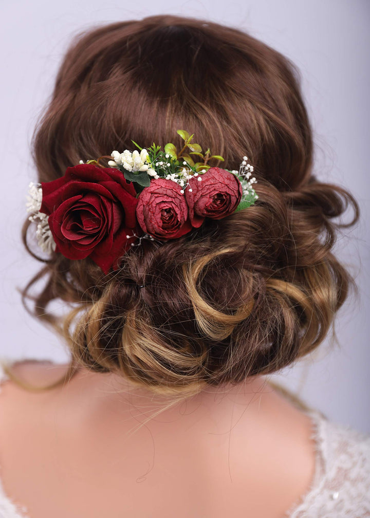 Kercisbeauty Red Rose Burgundy Hair Comb for Brides Wedding Bridal Vintage Headband Burgundy Floral Comb Festival Headpiece Women Girls Party