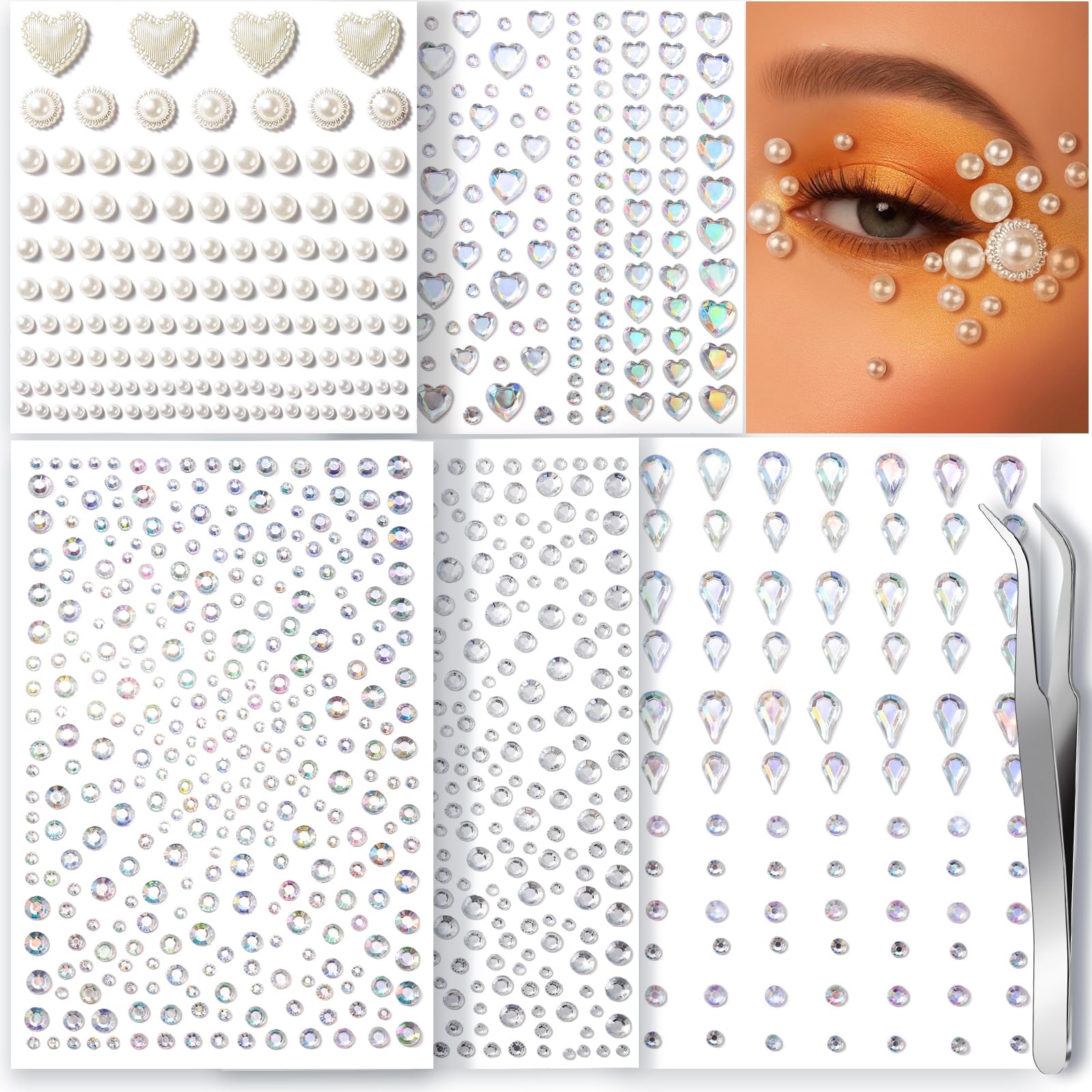 Teenitor Face Gems Self Adhesive Rhinestones for Makeup, Jewels, Stick On Pearls Hair Gems, Pearl Rhinestones Stickers for Hair, Eye, Body, Parties Makeup