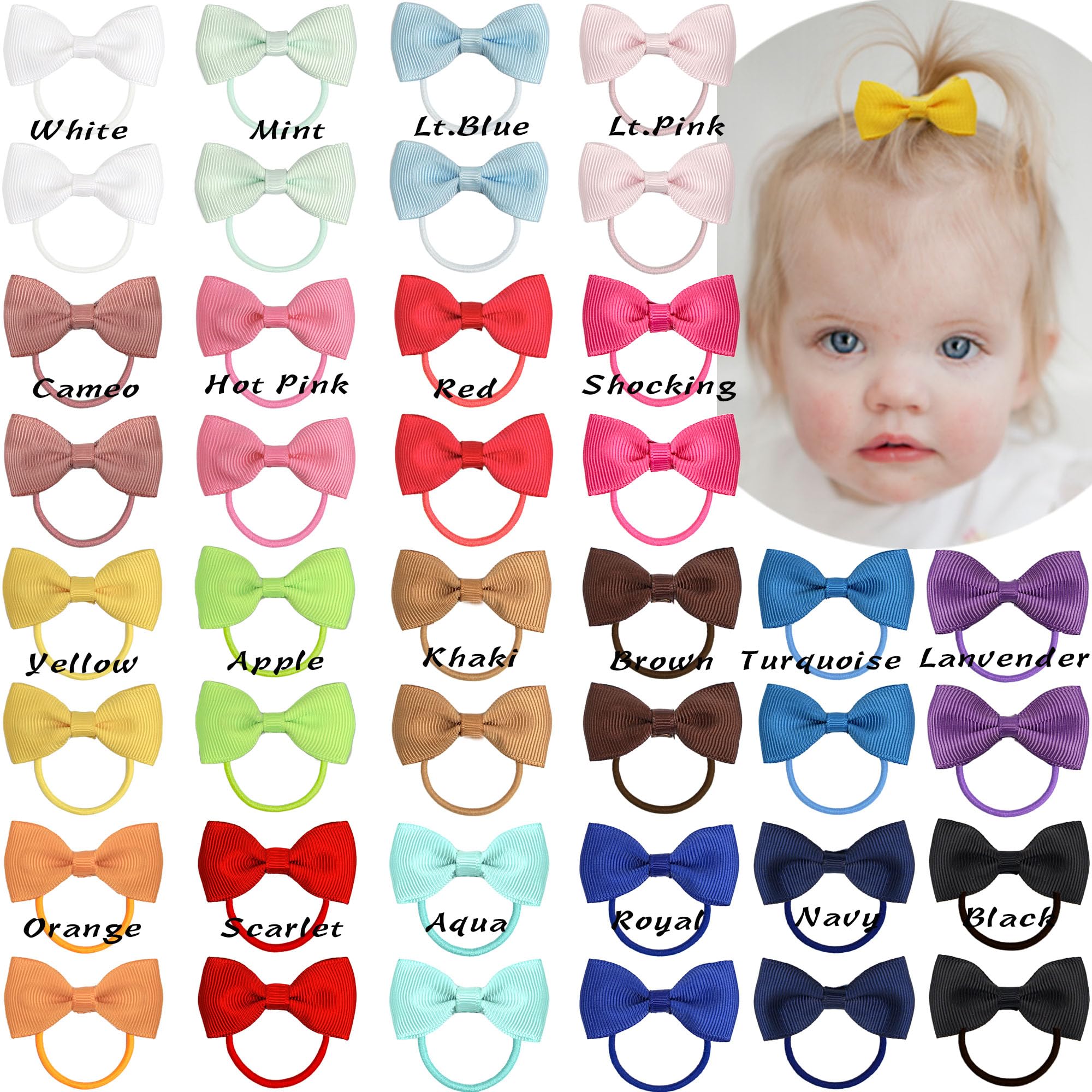 40Pcs 2 Inches Baby Bows Hair Ties Mini Boutique Hair Bows Durable Elastic Rubber Ribbon Hair Band Accessories for Toddlers Infants Kids Under 2 Years Old