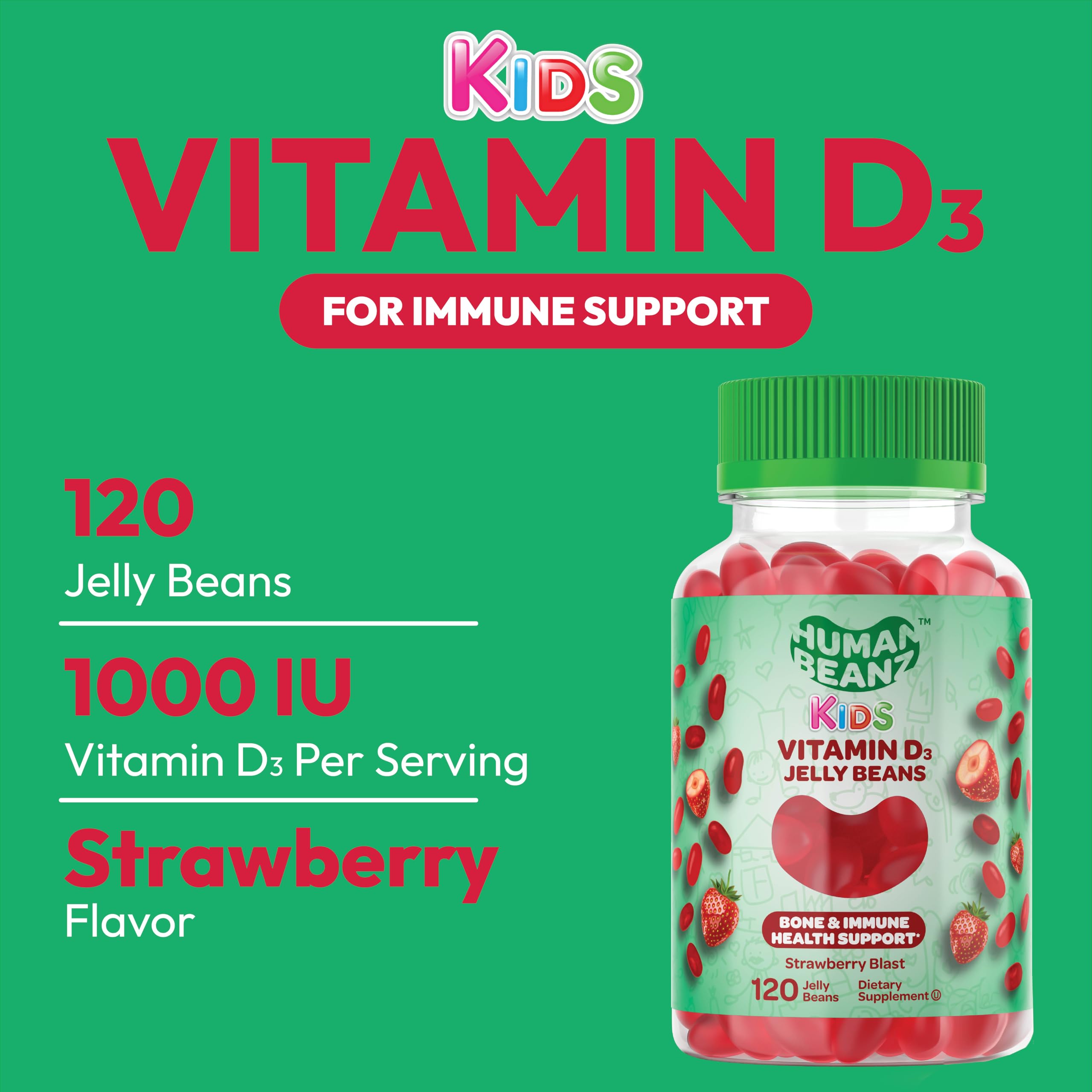 Human Beanz Vitamin D3 Jelly Bean Gummies for Kids, 25mcg/1000 IU Vitamin D, Nutritional Vegetarian Supplements, 120 Strawberry Blast Jelly Beans, Kosher