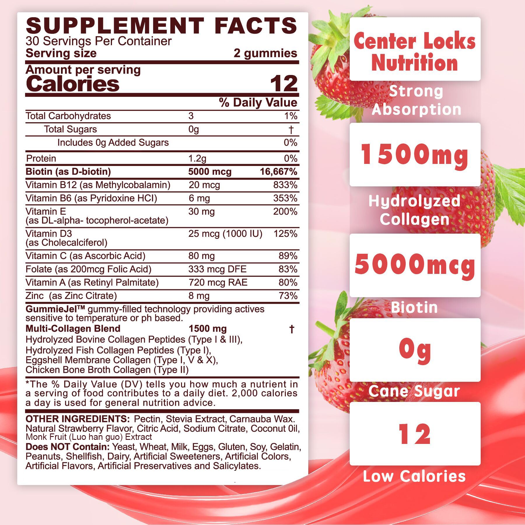 Sugar-Free Hydrolyzed Collagen Peptide Filled Gummies for Women & Men, with 1500mg Protein Type I,II,III,V,X, 5000mcg Biotin Vitamin C A E D3 B6 B12 for Immune Digestion Skin Hair Nails, Bone, 60Cts