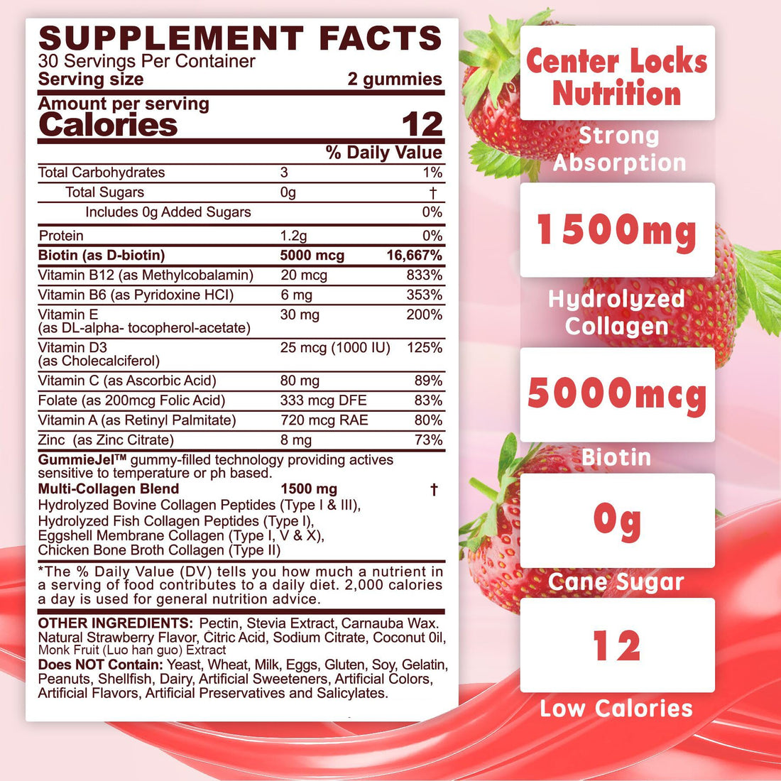 Sugar-Free Hydrolyzed Collagen Peptide Filled Gummies for Women & Men, with 1500mg Protein Type I,II,III,V,X, 5000mcg Biotin Vitamin C A E D3 B6 B12 for Immune Digestion Skin Hair Nails, Bone, 60Cts