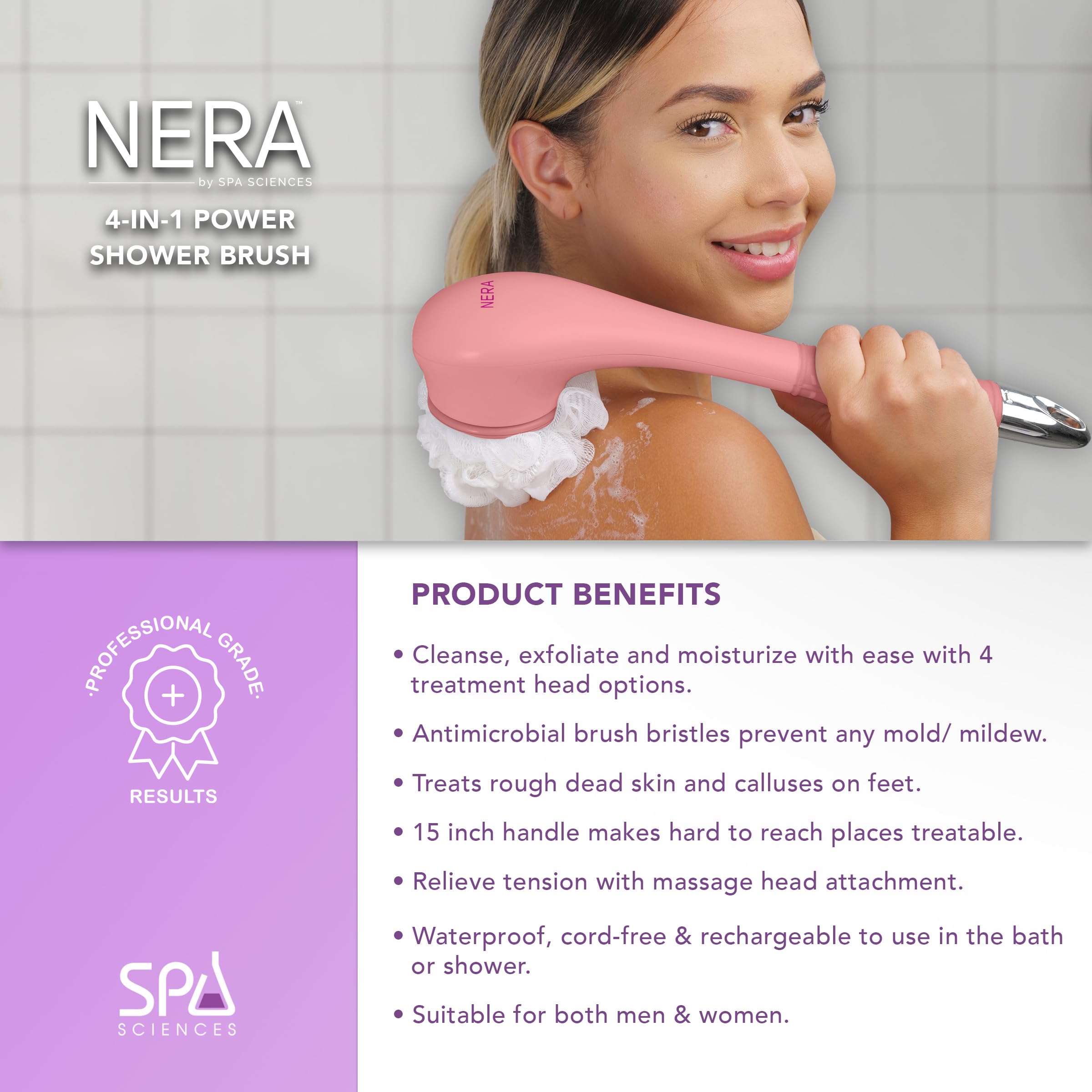 Spa Sciences NERA Shower Body Brush - 4-in-1 Multifunction Treatment - for Improved Exfoliation, Cleansing, Massaging - Includes Body Brush, Loofah, Pumice Stone, Massage Head - All Skin Types