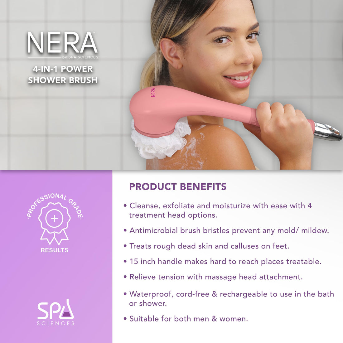 Spa Sciences NERA Shower Body Brush - 4-in-1 Multifunction Treatment - for Improved Exfoliation, Cleansing, Massaging - Includes Body Brush, Loofah, Pumice Stone, Massage Head - All Skin Types