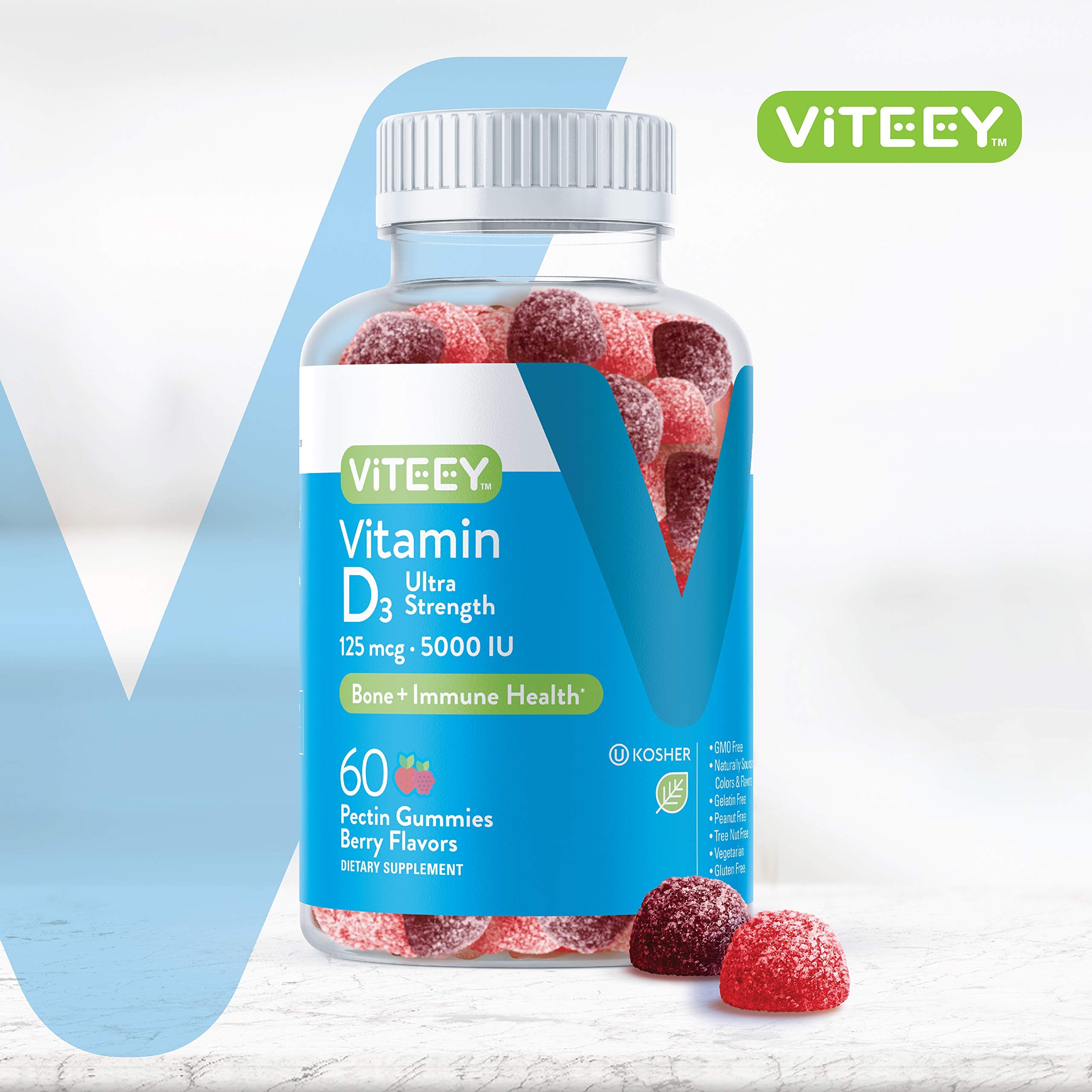 Vitamin D3 Gummies for Adults & Teens - 5,000 IU, 125mcg, Ultra Strength - Joint & Muscle Health, Immune Boost - Chewable Vitamin D Gummies - Vegetarian, Gelatin Free - Tasty Berry Flavored Gummy