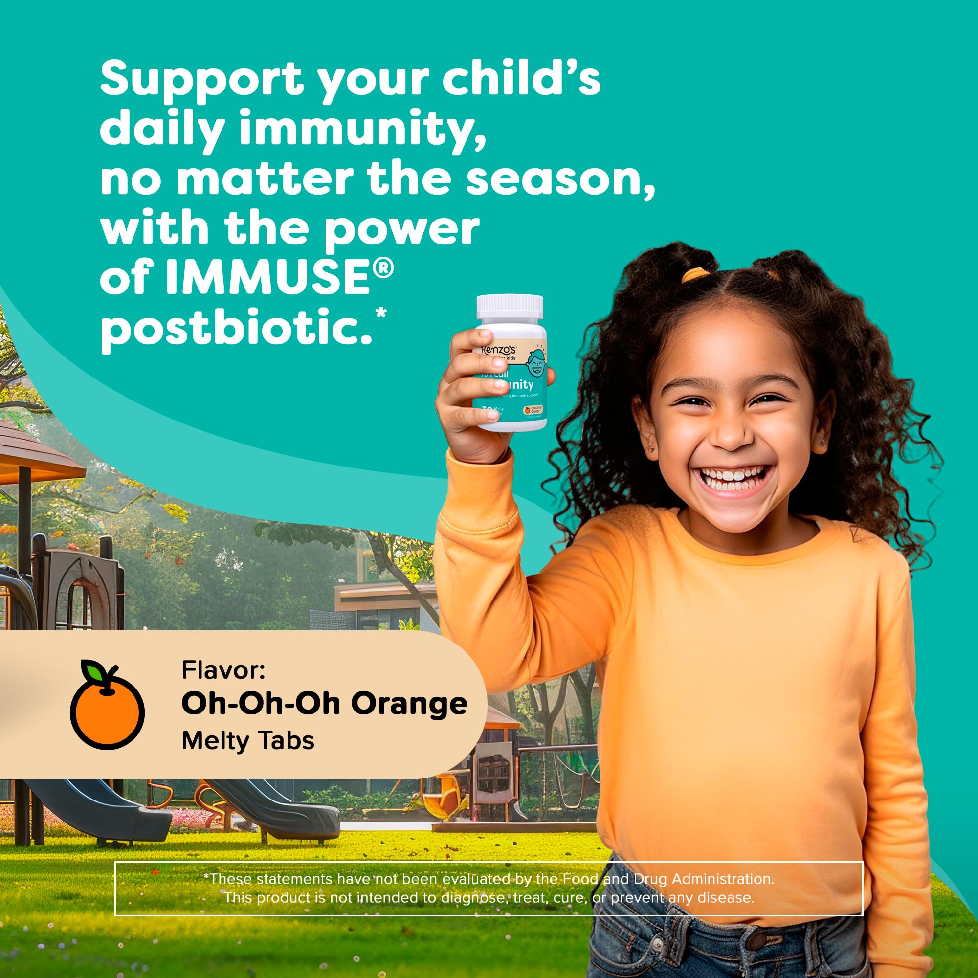 Renzo's Roll Call Immunity, Daily Postbiotic, Dissolvable Kids Immune Support Supplement, Sugar-Free Kids Vitamins, 30 Orange-Flavored Melty Tabs