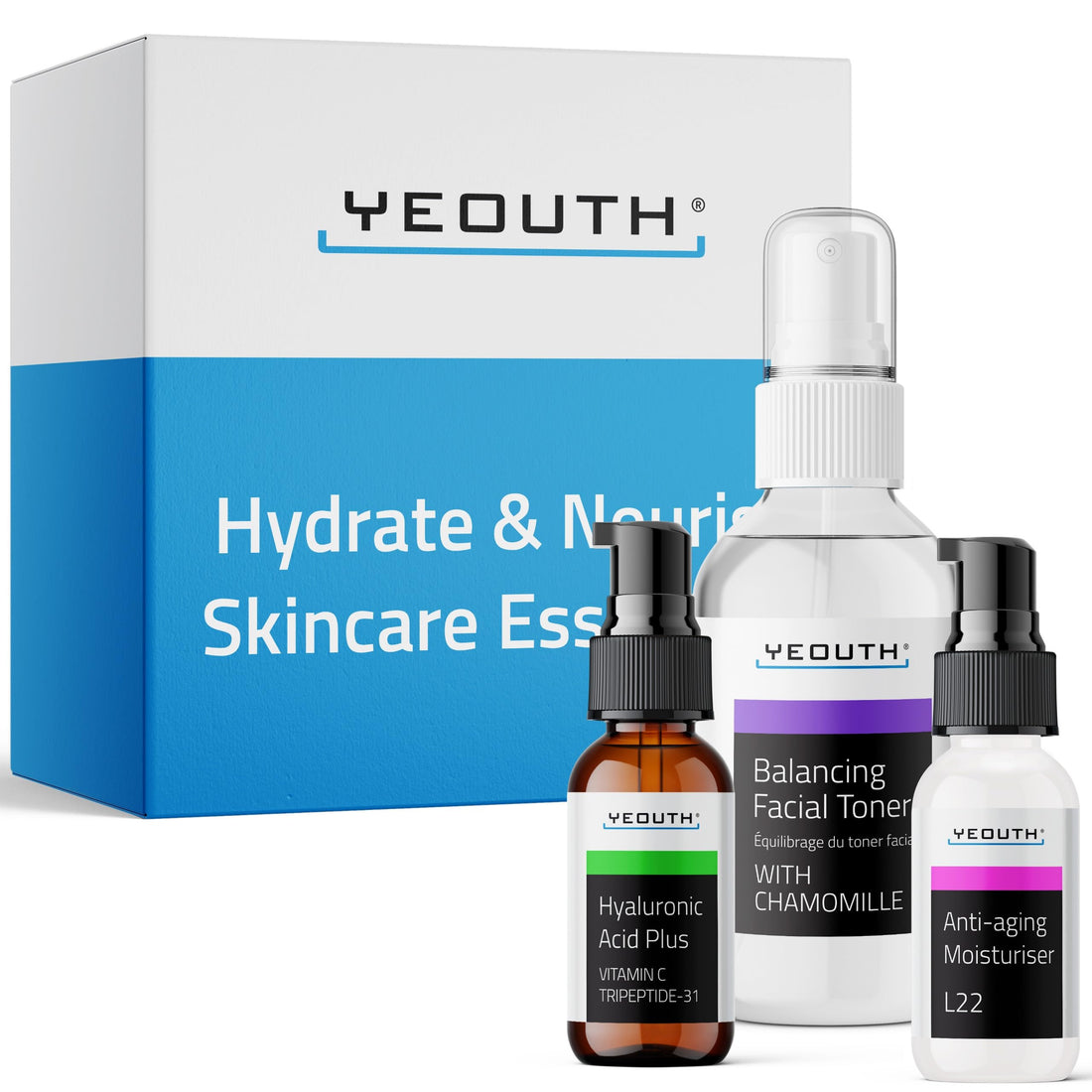 Best Anti-Aging 3 Pack Skin Care System by YEOUTH, Professional Grade Hyaluronic Acid Plus, Patented L22 Facial Moisturizer, and Balancing Facial Toner - You will love it or your money back!
