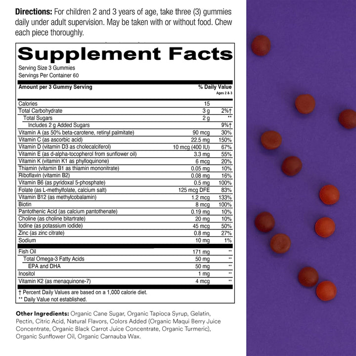 SmartyPants Toddler Multivitamin Gummies: Omega 3 Fish Oil (EPA/DHA), Vitamin D3, C, Vitamin B12, B6, A, K & Zinc, Biotin, Beta Carotene, Gluten Free, Three Fruit Flavors, 180 Count (60 Day Supply)